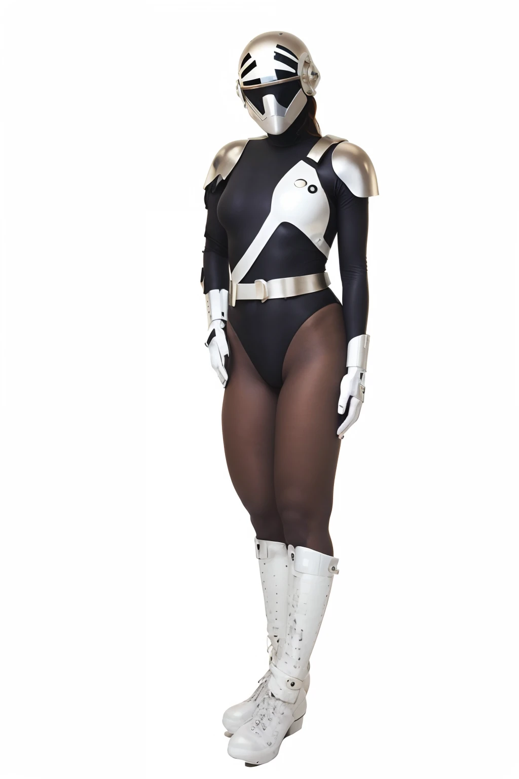 Alahedo woman in black and white bodysuit posing for photo, cute girl wearing a tank suit, chrome bodysuit, Cyberpunk Bodysuit, wearing leotard, body suit, tight outfit, wearing white leotard, wearing tight suit, cyber japan style armor, skintight black bodysuit, glossy white armor, leather bunny costume bodysuit、top-quality、Photoreal Stick、skintight、8K，Colossal tits、Wearing a Lycra Leotard、