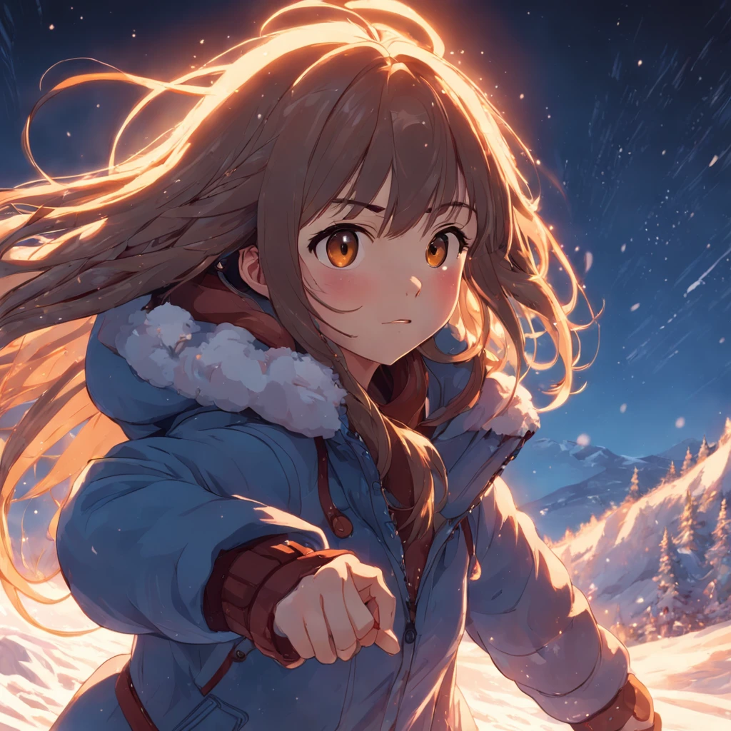 obra-prima, melhor qualidade, filme ainda, 1girl, garota, escalando uma montanha no inverno, profundidade, nevasca, close-up, brilhante, feliz, Soft lighting and Warm, sun sunset, (Sparks: 0,7)