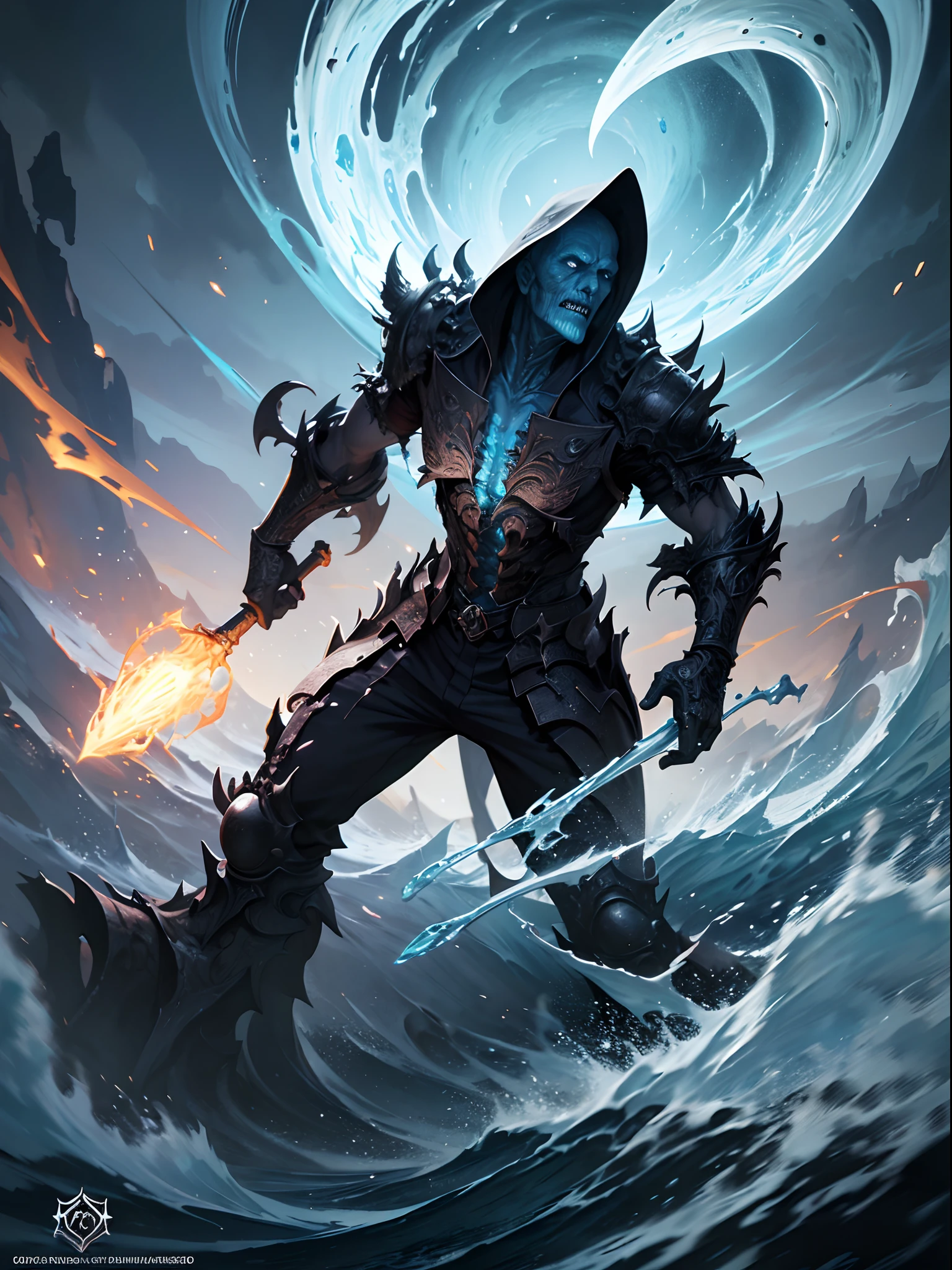 A undead wizard swinging with spell causing waves of destruction, highly detailed, fantasy world, clean design, artstation, contour, hyperdetailed intricately detailed, unreal engine, fantastical, intricate detail, splash screen, complementary colors, fantasy concept art, 8k resolution, deviantart masterpiece, oil painting, heavy strokes, paint dripping