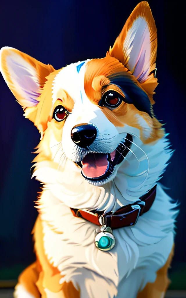 Close-up portrait of happy corgi dog, dark background, anime style, Ghibli studio style, highly detailed professional majestic oil painting by Ed Blinkey, Atey Ghailan, Studio Ghibli, Jeremy Mann, Greg Manchess, Antonio Moro, ArtStation trend, midjourney and CGSociety, Complex, High Definition, Sharp Focus, Dramatic and Photorealistic Painting Art Trends by Greg Rutkowski
