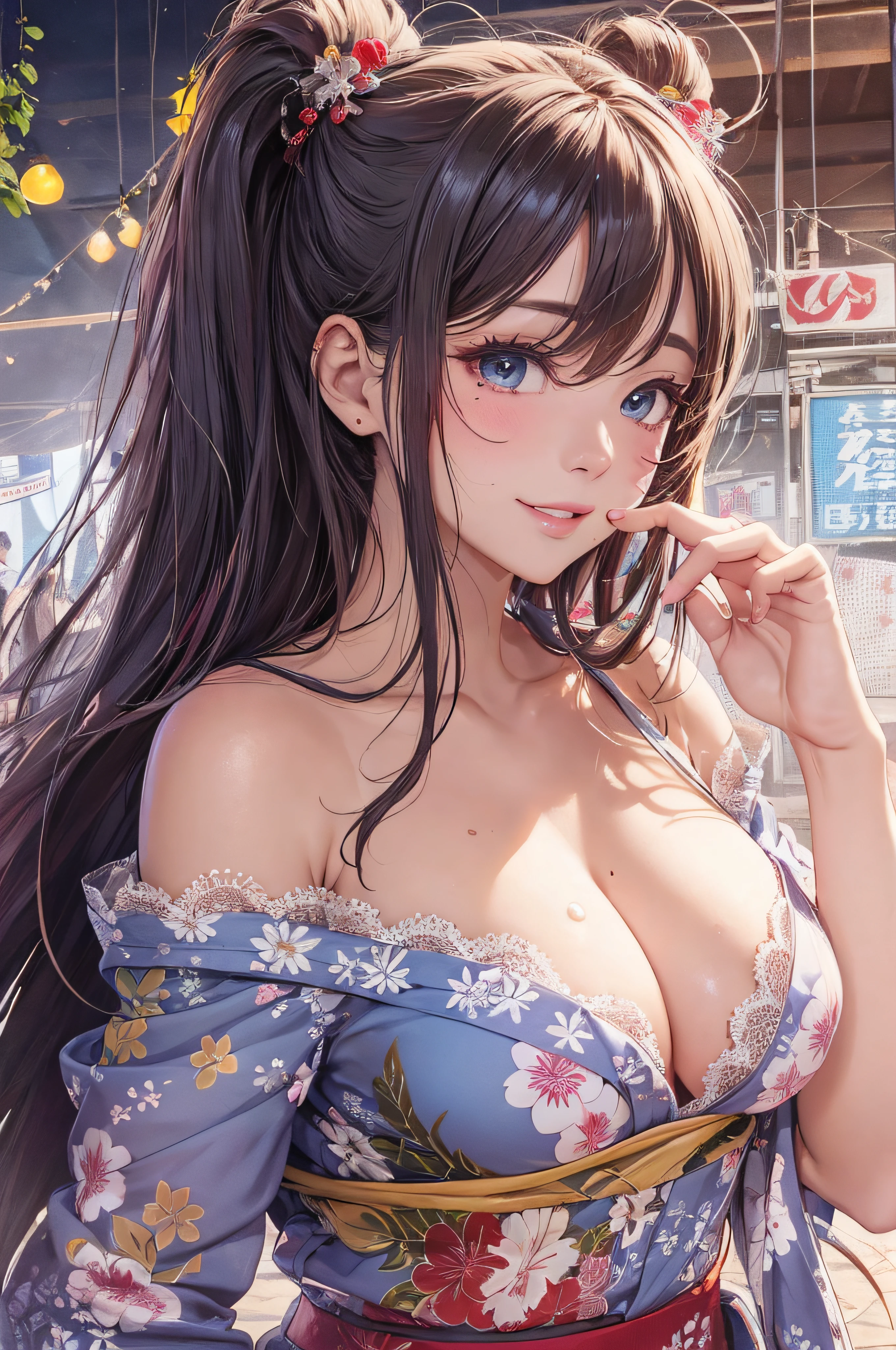 8K picture quality、top-quality、masutepiece、An ultra-high picture quality、ultra-detailliert、Ultra-realistic hair quality、Vibrant colors、Beautuful Women、Beautiful long hair、Shiny hair、detailed hairs、Blue Mesh、poneyTail、Blue eyes、shiny skin of moles in the corners of the eyes,,,,,,,,,,,、Lace underwear、One mole in the valley、large pectoral muscles、Very gigantic-breasts、Sweat on the forehead and cheeks、extremely big ass、Fluffy off-shoulder yukata、A smile、soft pink lips、Ultra-realistic flesh feeling、Red cheeks、summer festival in background