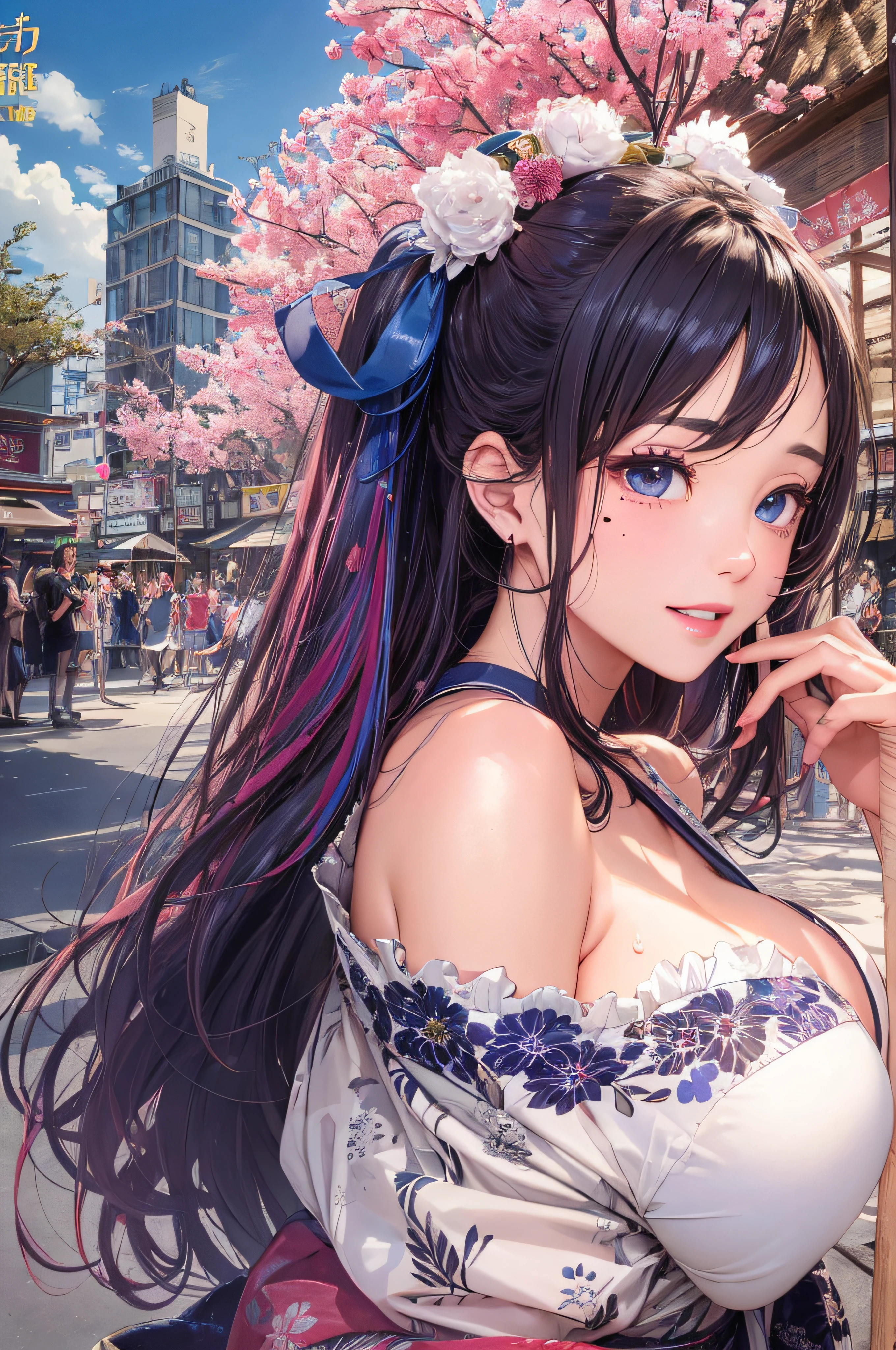 8K picture quality、top-quality、masutepiece、An ultra-high picture quality、ultra-detailliert、Ultra-realistic hair quality、Vibrant colors、Beautuful Women、Beautiful long hair、Shiny hair、detailed hairs、Blue Mesh、poneyTail、Blue eyes、shiny skin of moles in the corners of the eyes,,,,,,,,,,,、Lace underwear、One mole in the valley、large pectoral muscles、Very gigantic-breasts、Sweat on the forehead and cheeks、extremely big ass、Fluffy off-shoulder yukata、A smile、soft pink lips、Ultra-realistic flesh feeling、Red cheeks、summer festival in background