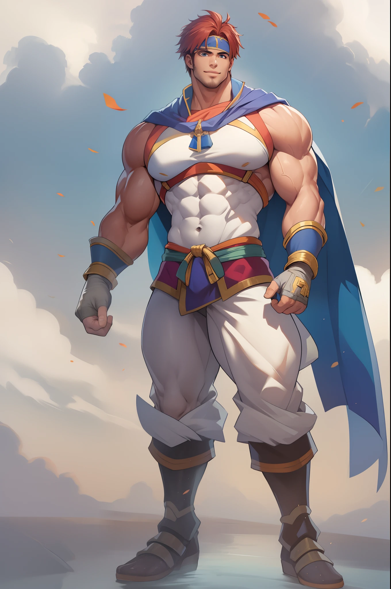 masterpiece, best quality, feroy, headband, cape, armor, blue tunic, fingerless gloves, white pants, upper body, smile, looking at viewer, field, sky Muscular body, imposing body,Imposing appearance, muscular arms, muscular legs, only body, trapezoid torso, sturdy body, muscular body, defined round and fleshy pecs, defined washboard ABS, defined arms, ((masterpiece))