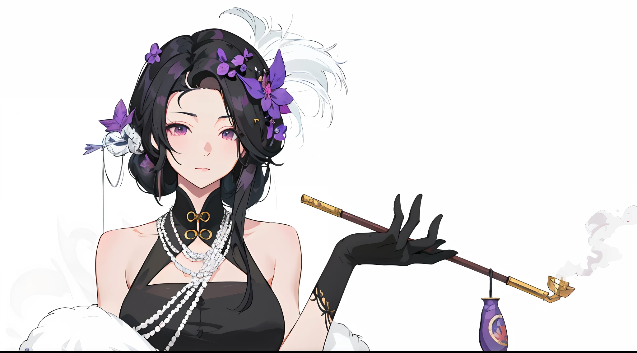 Anime girl with pipe and feather hat, Guviz-style artwork, from girls frontline, Detailed fanart, highly detailed exquisite fanart, digital art of an elegant, ((wearing aristocrat robe)), black-haired mage, anime moe art style, royal elegant pose, High Quality Anime Art Style, Anime girl wearing black dress