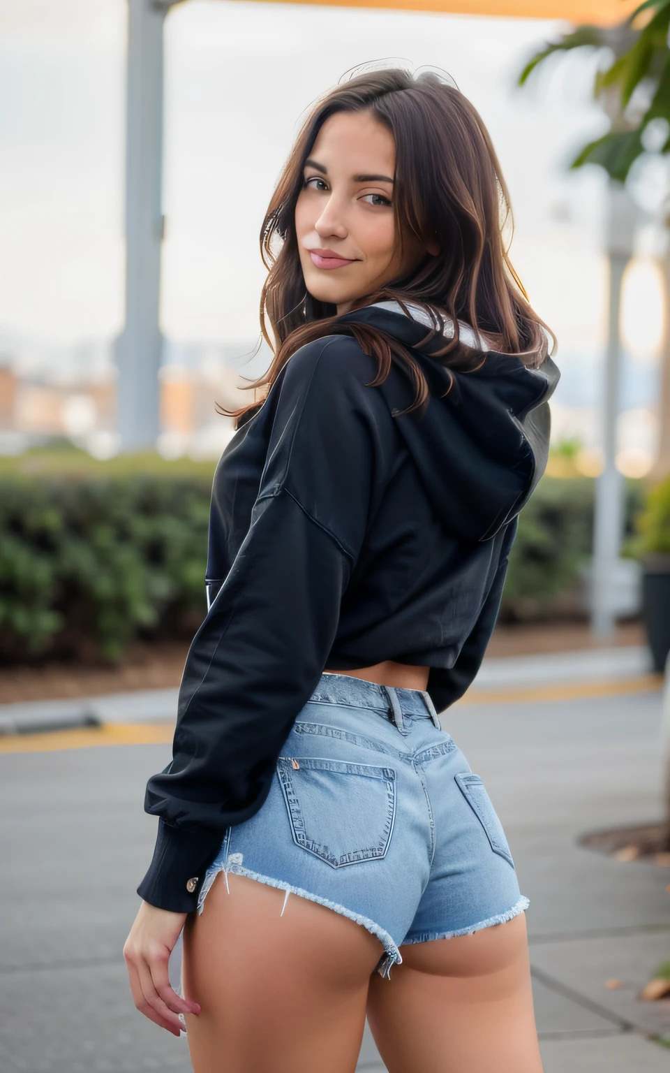 cute beautiful brunette, wearing casual shirt with a hoodie and denim shorts, view from back ,full body, perfect angle, very detailed, 32 years old, flirty face, messy long hair, brown eyes, high-res, masterpiece, best quality,intricate details, highly detailed,sharp focus, detailed skin,realistic skin texture,texture, detailed eyes, professional, 4k, smile, shot on Canon, 85mm,shallow depth of field,kodak vision color, eyeshadow, extremely detailed, photo_\(ultra\), photorealistic, realistic, post-processing, max detail, roughness, real life, ultra realistic, photorealism, photography, 8k uhd, photography, pokies