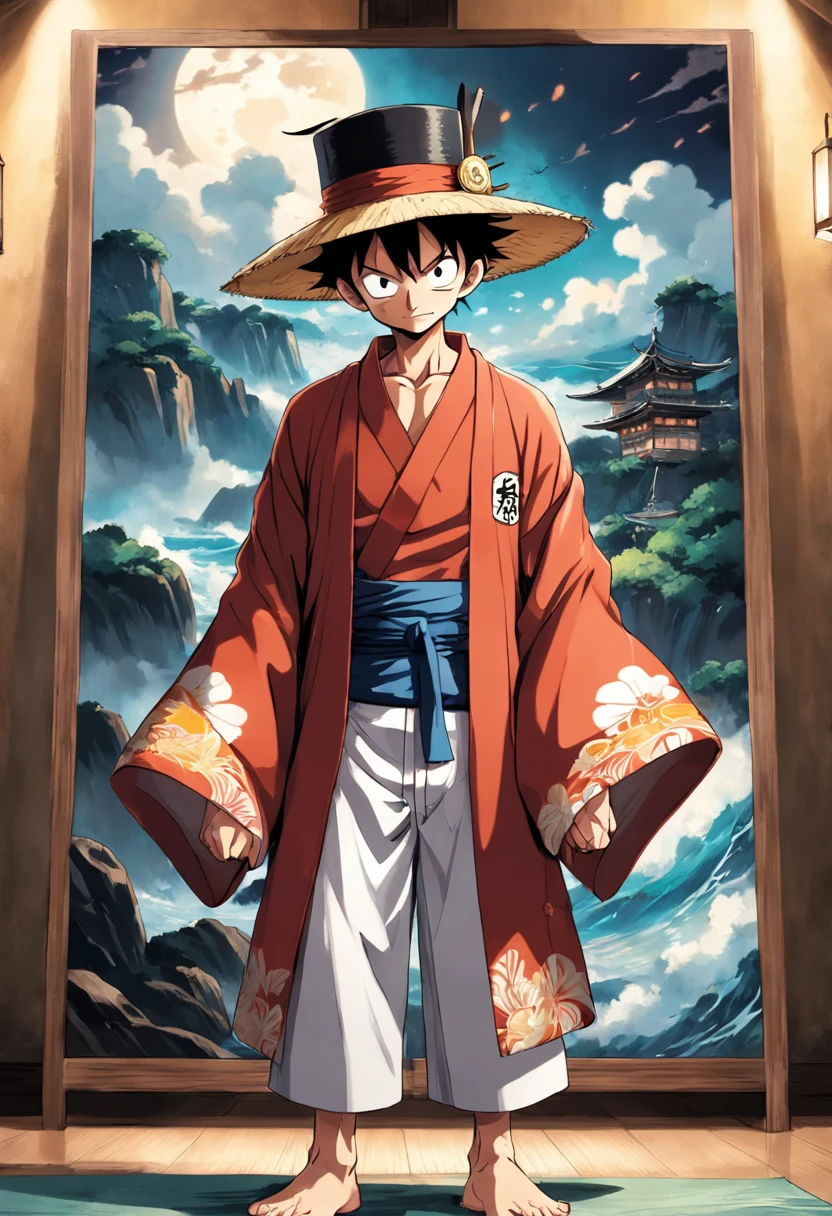 A man in a hat and kimono stands in front of a painting...., inspirado em Eiichiro Oda, Estilo Eiichiro Oda, Estilo de Eiichiro Oda, autor:Joichiro Oda, inspirado em Okumura Masanobu, Uma capa de anime, Luffy, arte oficial do anime, Luffy (one piece, autor:Tite Kubo, style a piece