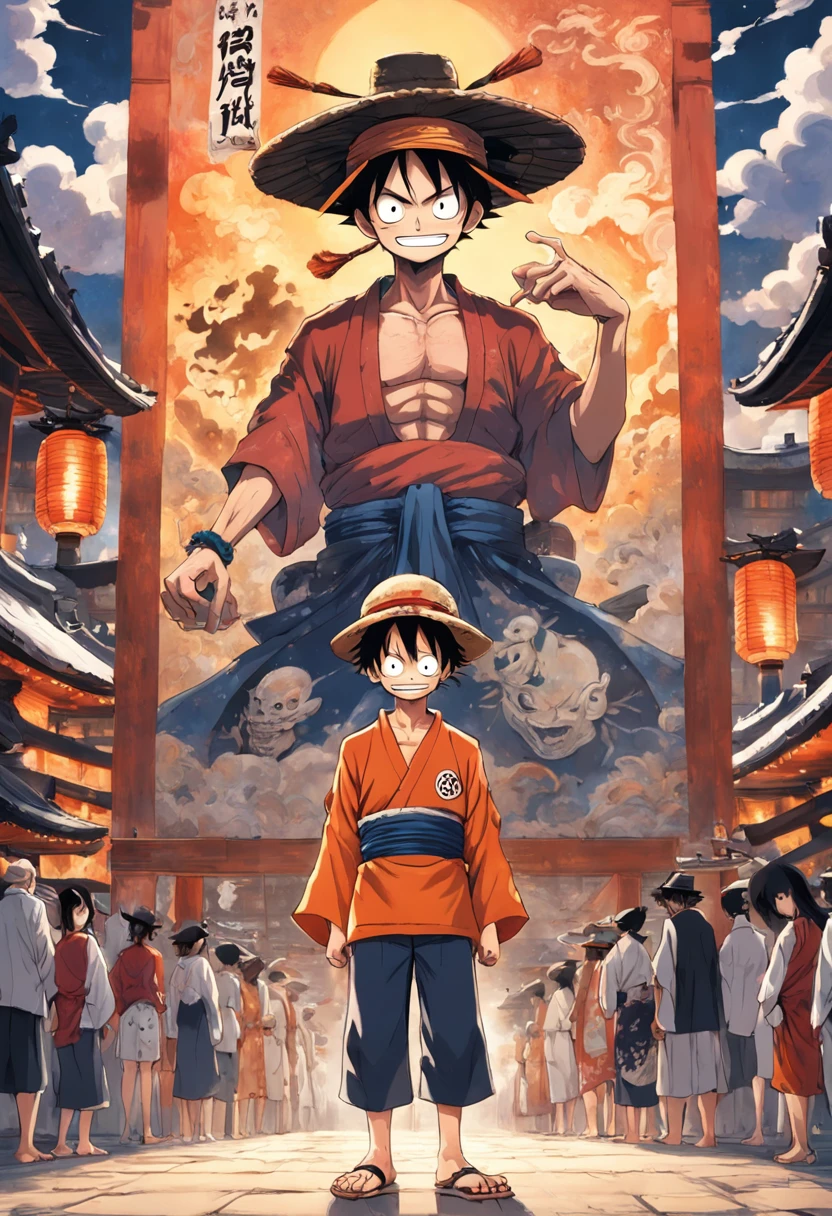 A man in a hat and kimono stands in front of a painting...., inspirado em Eiichiro Oda, Estilo Eiichiro Oda, Estilo de Eiichiro Oda, autor:Joichiro Oda, inspirado em Okumura Masanobu, Uma capa de anime, Luffy, arte oficial do anime, Luffy (one piece, autor:Tite Kubo, style a piece