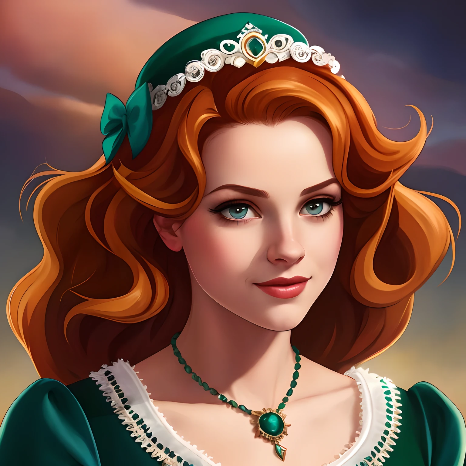 There is a woman with a green hat and a necklace, retrato da princesa, portrait of princess merida, retrato do characture da fantasia, retrato detalhado do caractere, No estilo de arte de Bowater, Retrato da princesa, donzela bonita, princesa medieval, retrato da arte do personagem, retrato bonito detalhado, retrato do personagem da fantasia, Retrato da princesa real, um retrato do personagem, hearts of iron portrait