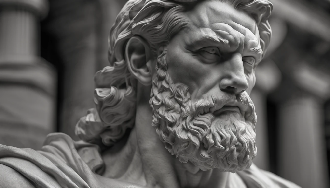 A white marble statue of a muscle, Bearded man with a stern look in a dark square at night, in the style of photographers Annie Leibovitz and Peter Lindbergh.