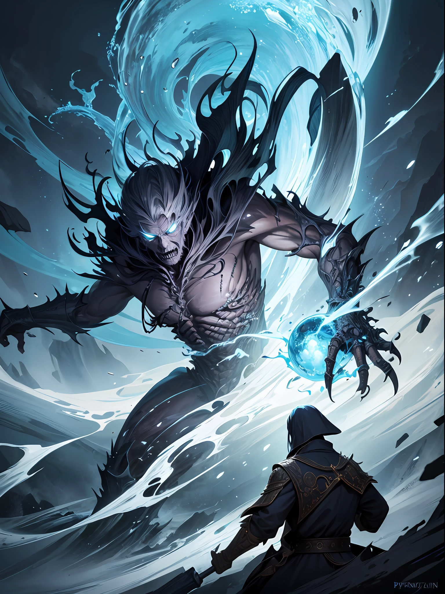 A undead wizard swinging with spell causing waves of destruction, highly detailed, fantasy world, clean design, artstation, contour, hyperdetailed intricately detailed, unreal engine, fantastical, intricate detail, splash screen, complementary colors, fantasy concept art, 8k resolution, deviantart masterpiece, oil painting, heavy strokes, paint dripping