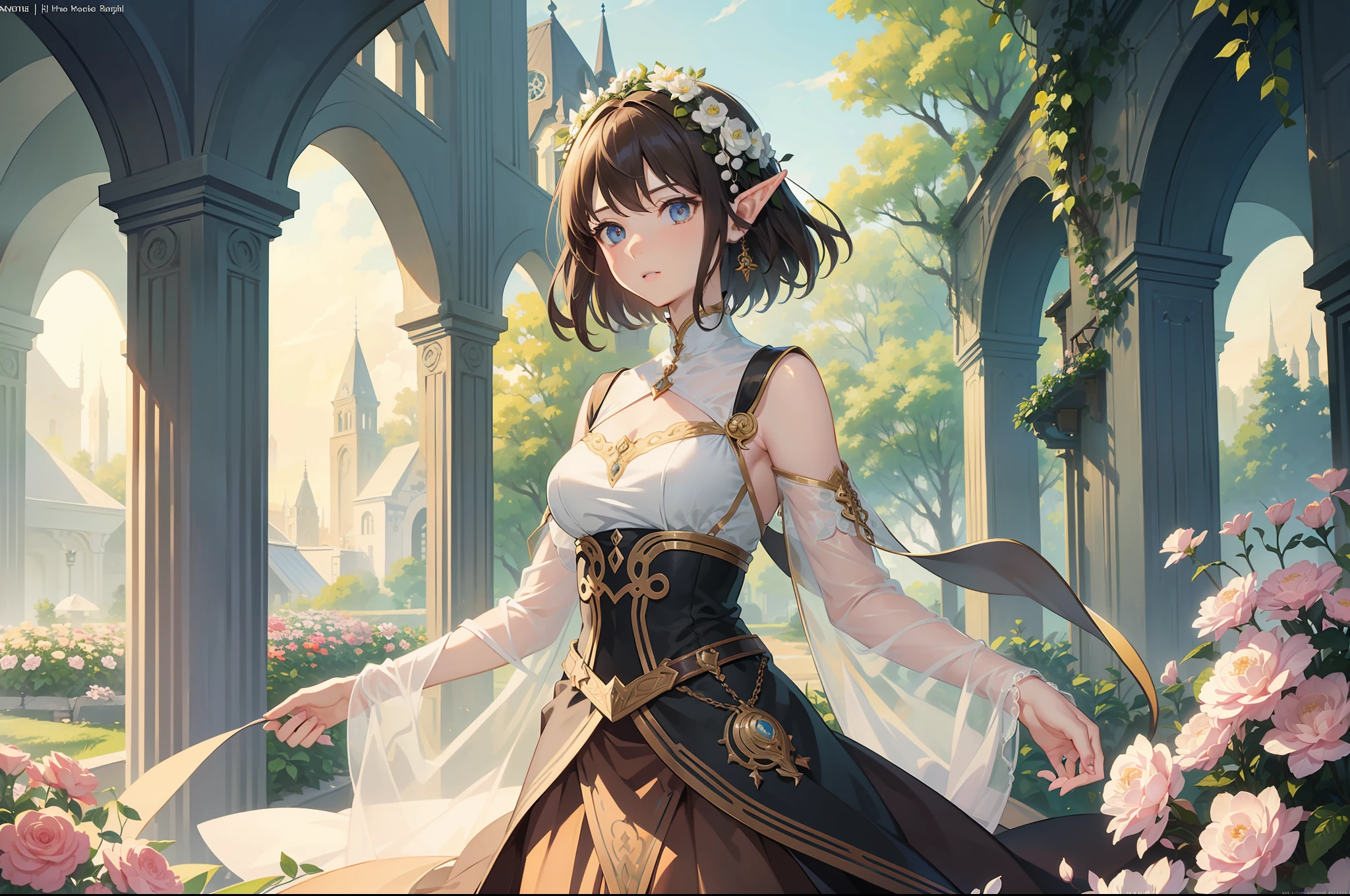 Official Art, Masterpiece European female, elvish, short hair, pale brown hair , brown eyes, (masterpiece、top-quality、hight resolution: 1.4),in 8K, Drawing of a woman with short pale brown hair, Anime Art Nouveau, highly detailed exquisite fanart, anime fantasy illustration, clean detailed anime art, detailed anime art, Sharp Focus, Delicate Beautiful Hair and Eyes and Face, realisitic, ultra-detailliert, flower garden, sunlight
