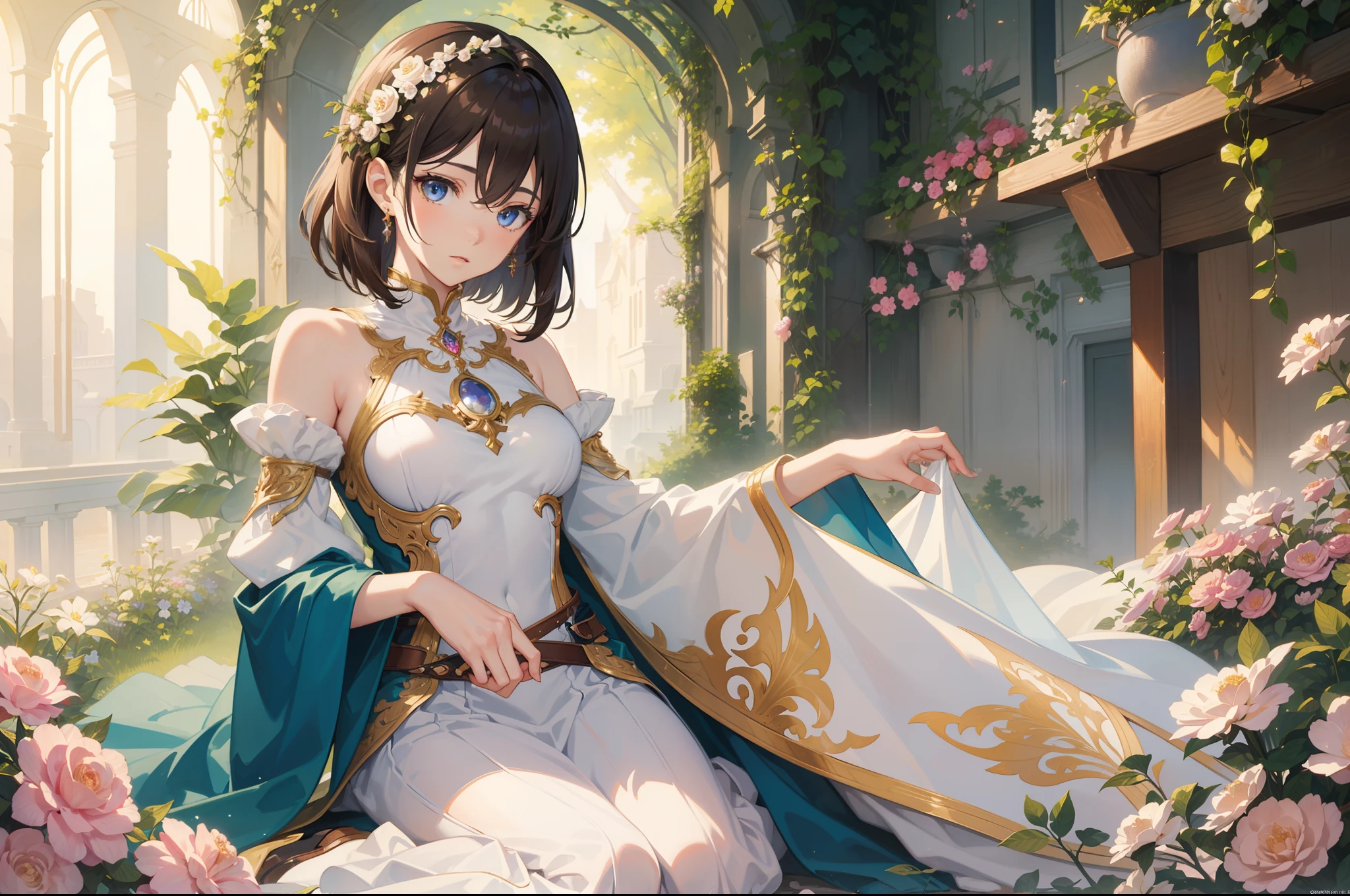 Official Art, Masterpiece European female, elvish, short hair, pale brown hair , brown eyes, (masterpiece、top-quality、hight resolution: 1.4),in 8K, Drawing of a woman with short pale brown hair, Anime Art Nouveau, highly detailed exquisite fanart, anime fantasy illustration, clean detailed anime art, detailed anime art, Sharp Focus, Delicate Beautiful Hair and Eyes and Face, realisitic, ultra-detailliert, flower garden, sunlight