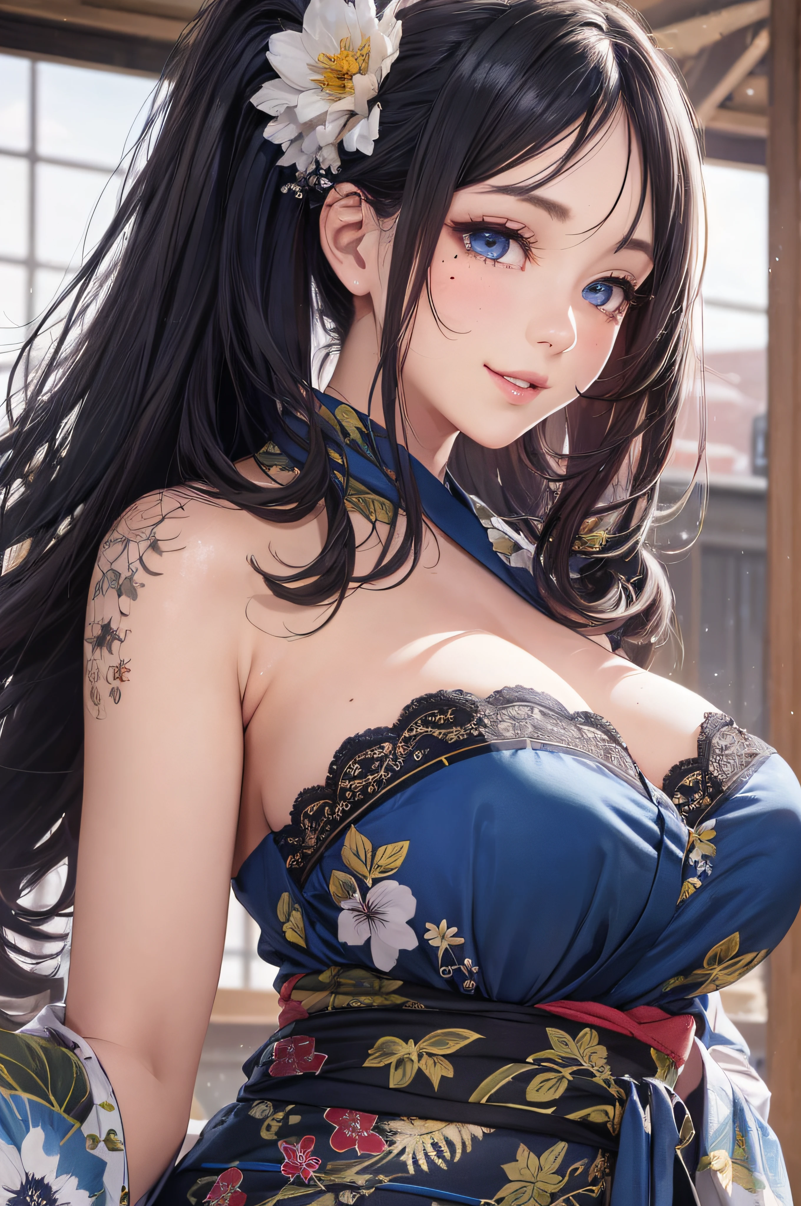 8K picture quality、top-quality、masutepiece、An ultra-high picture quality、ultra-detailliert、Ultra-realistic hair quality、Vibrant colors、Beautuful Women、Beautiful long hair、Shiny hair、detailed hairs、Blue Mesh、poneyTail、Blue eyes、shiny skin of moles in the corners of the eyes,,,,,,,,,,,、Lace underwear、One mole in the valley、large pectoral muscles、Very gigantic-breasts、Sweat on the forehead and cheeks、extremely big ass、Fluffy off-shoulder yukata、A smile、soft pink lips、Ultra-realistic flesh feeling、Red cheeks、summer festival in background