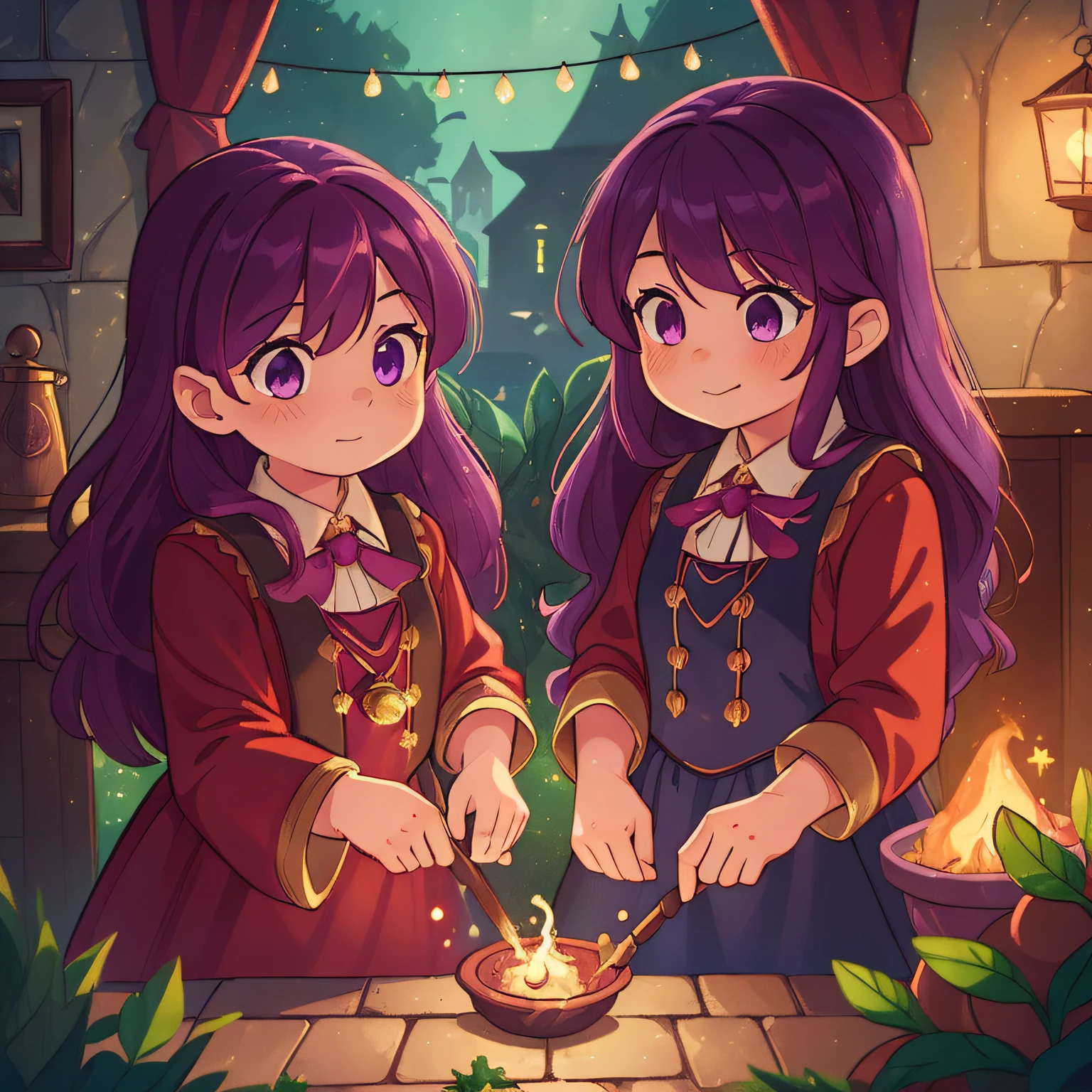 (best quality, high quality:1.3), CG, dramatic lighting, highly detailed, Bokeh, two little witches, their names are ruby ​​and ivy, animated looks, perfect face, long purple hair, looking mischievous, in their house, looking at a bubbling cauldron