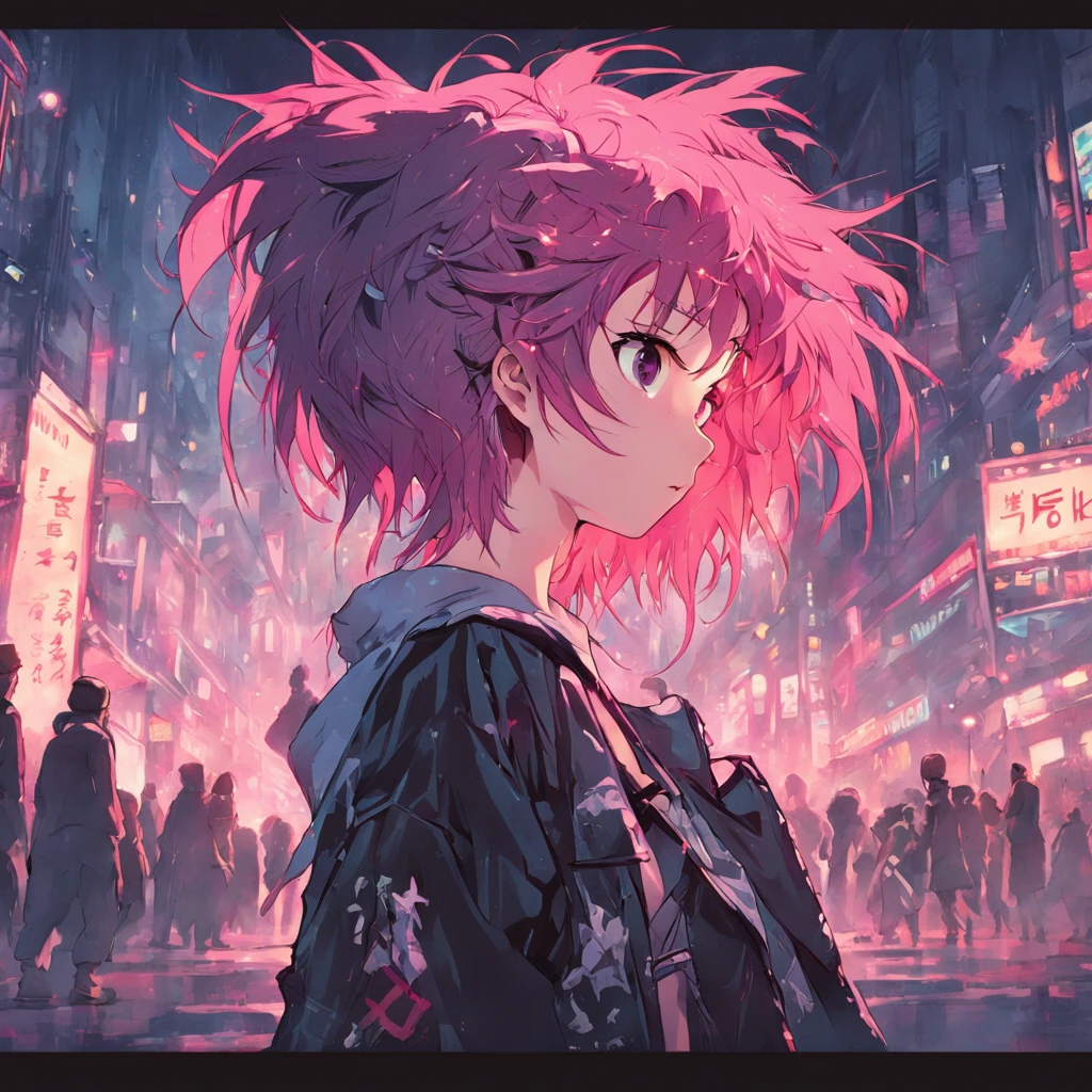 Anime girl with pink hair and pink hair standing in a crowded city ...