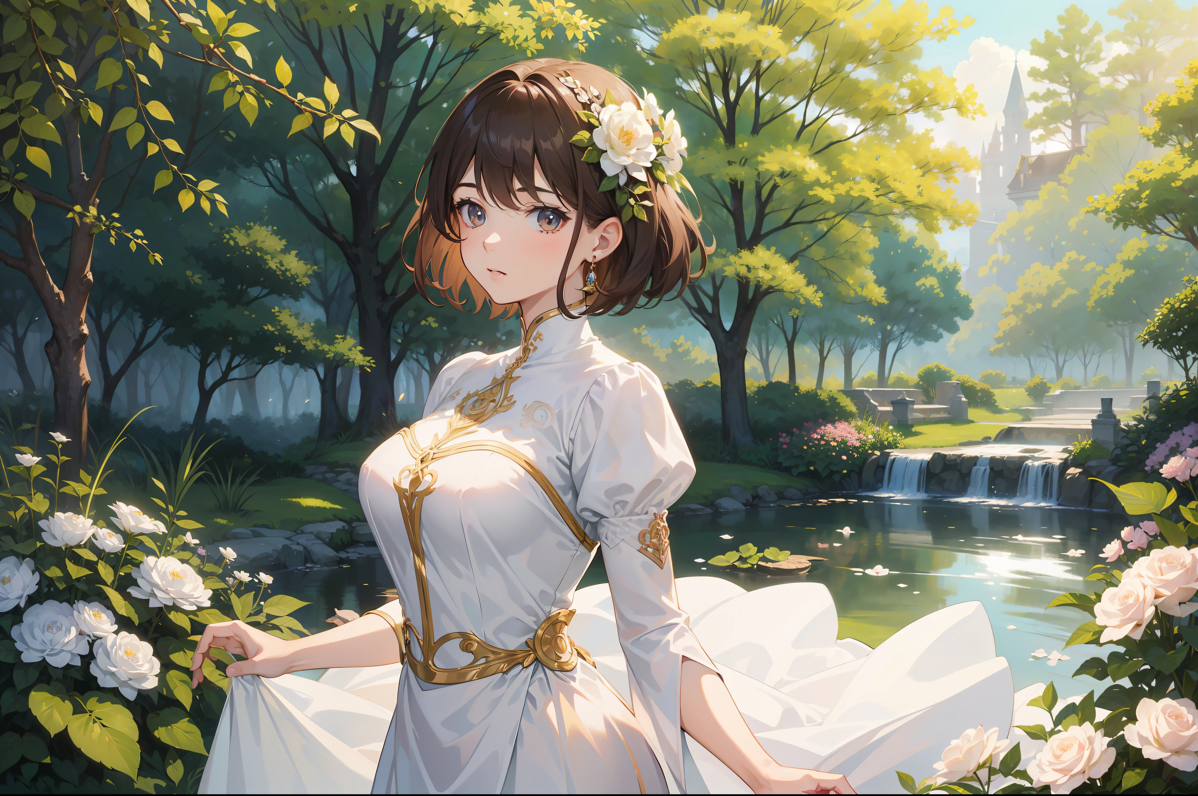 Official Art, Masterpiece European female, elvish, short hair, pale brown hair , brown eyes, (​masterpiece、top-quality、hight resolution: 1.4),in 8K, Drawing of a woman with short pale brown hair, Anime Art Nouveau, highly detailed exquisite fanart, anime fantasy illustration, clean detailed anime art, detailed anime art, Sharp Focus, Delicate Beautiful Hair and Eyes and Face, realisitic, ultra-detailliert, flower garden, sunlight