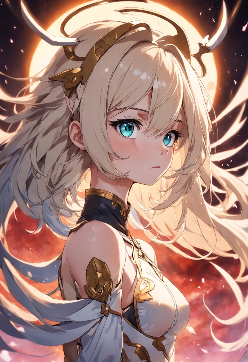 Obra maestra, angel, Mujer, rubio, pechos grandes, una venda cubre sus ojos, Estilo anime, Una armadura cubre su cuerpo.