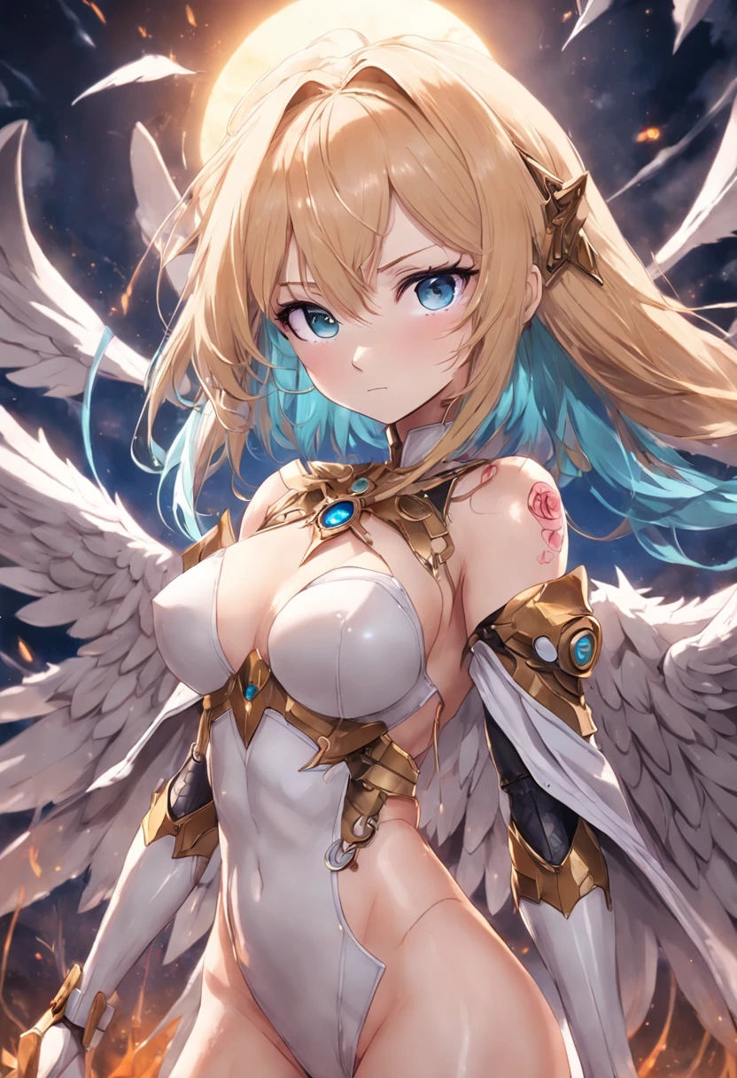Obra maestra, angel, Mujer, rubio, pechos grandes, una venda cubre sus ojos, Estilo anime, Una armadura cubre su cuerpo.