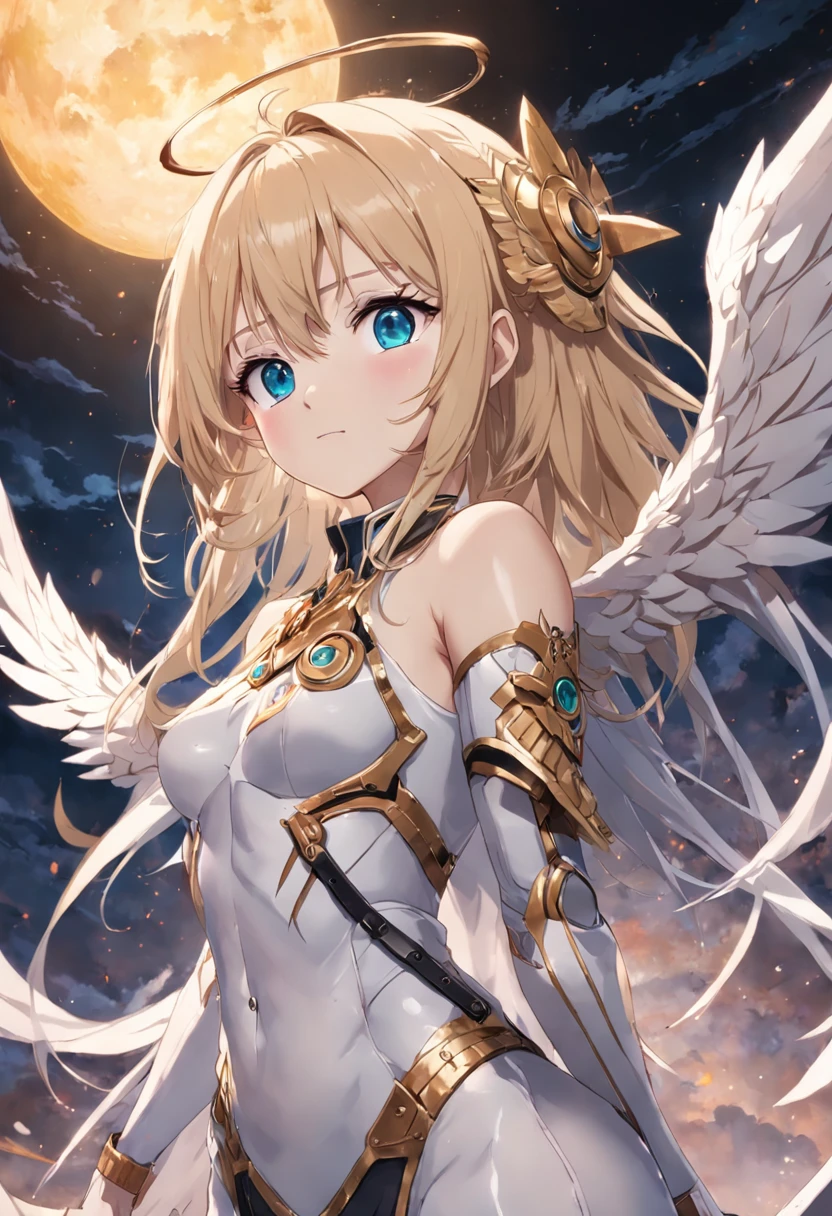 Obra maestra, angel, Mujer, rubio, pechos grandes, una venda cubre sus ojos, Estilo anime, Una armadura cubre su cuerpo.