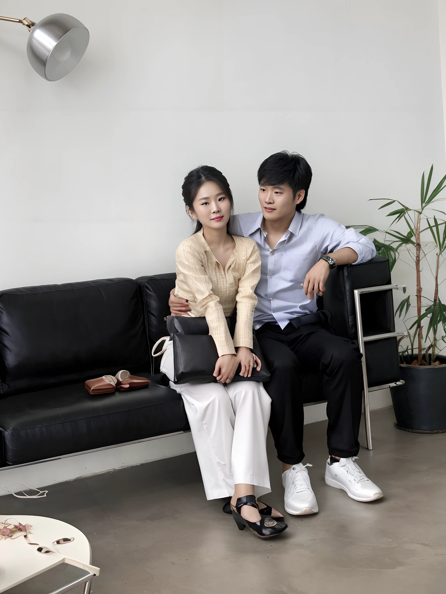 there are two people sitting on a black couch in a room, dang my linh, lovely couple, hoang long ly, couple pose, duy beni serial, leaked image, very very low quality picture, taken with sony alpha 9, smooth in _ the background, bao phan, in style of lam manh, ruan jia and brom