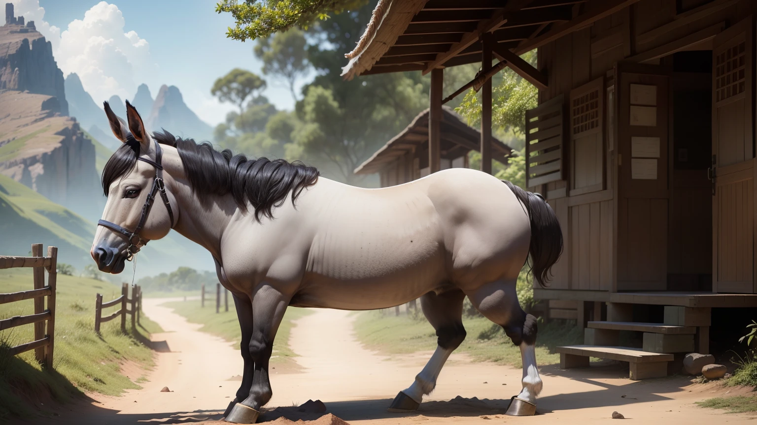 UM BURRO DE COR CINZA, standingn, DE FUNDO A IMAGEM DE UMA ALDEIA.