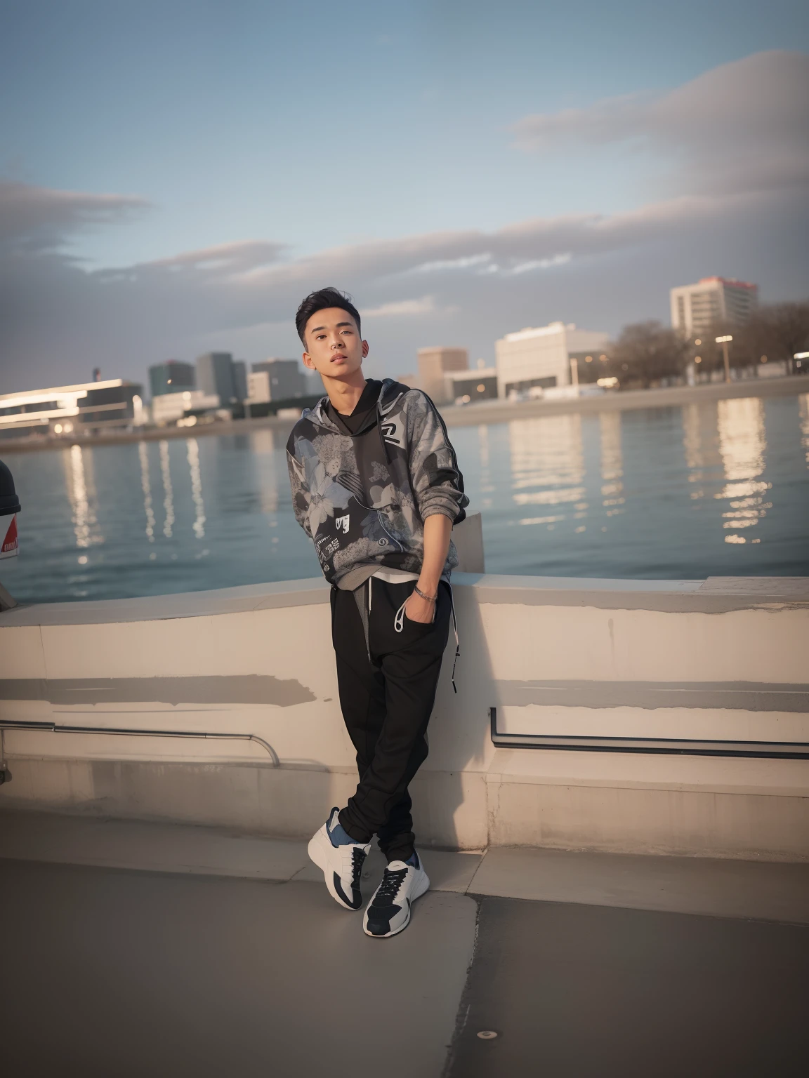 A man wearing a stylish hoodie and sneakers with long pants,