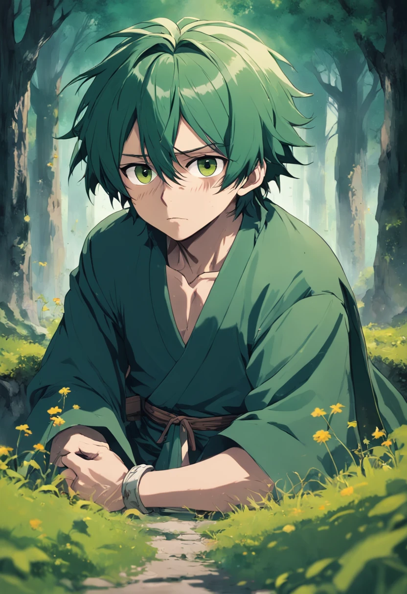 Anime,2d, cabelo verde, Adulto, 20 anos, guerreiro, fazendeiro, pobre, medieval , sorrindo, graves, triste foco no rosto, homem, melhor qualidade, obra prima, 8k, 32k