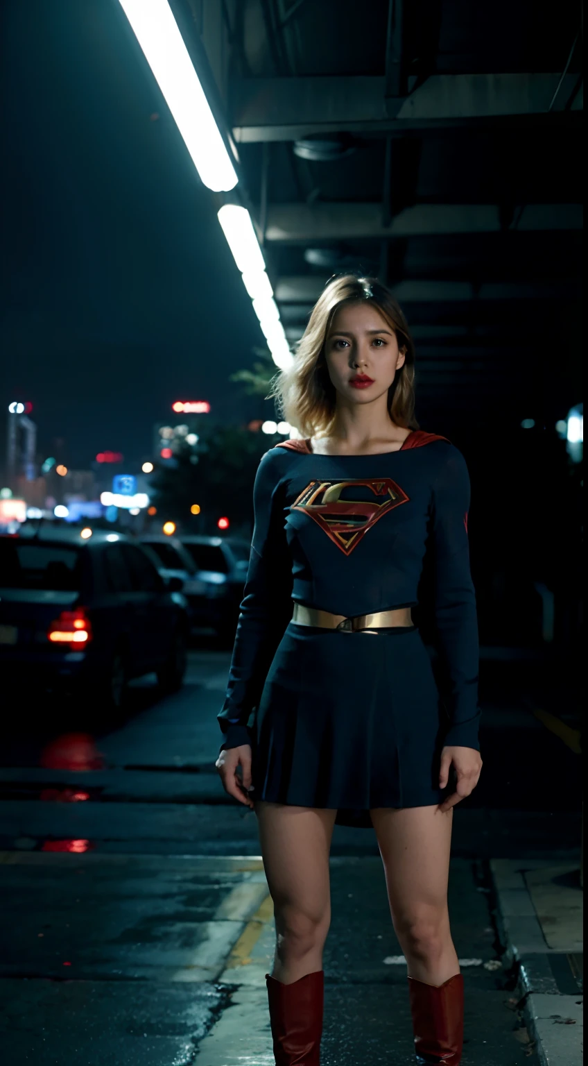 best quality, master part, (fotorrealista:2), Ultra high resolution, altamente detalhado, ultra realistic, 1girl, Terno Supergirl, logotipo do superman, short hair, corpo magro, tiro completo, standing pose, de baixo, Olhando para o Viewer, Noite, cidade, chuva, cyberpunk vibes, cena escura, atmosfera escura, neon claro, nevoeiro, Nublado, lightnings, Antecedentes detalhados,blonde hair