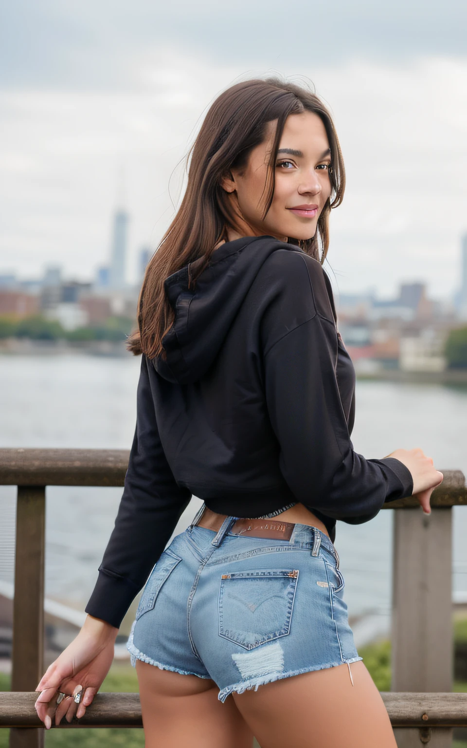 cute beautiful brunette, wearing casual shirt with a hoodie and denim shorts, big ass, view from back ,full body, perfect angle, very detailed, 32 years old, flirty face, messy long hair, brown eyes, high-res, masterpiece, best quality,intricate details, highly detailed,sharp focus, detailed skin,realistic skin texture,texture, detailed eyes, professional, 4k, smile, shot on Canon, 85mm,shallow depth of field,kodak vision color,  eyeshadow, extremely detailed, photo_\(ultra\), photorealistic, realistic, post-processing, max detail, roughness, real life, ultra realistic, photorealism, photography, 8k uhd, photography, pokies