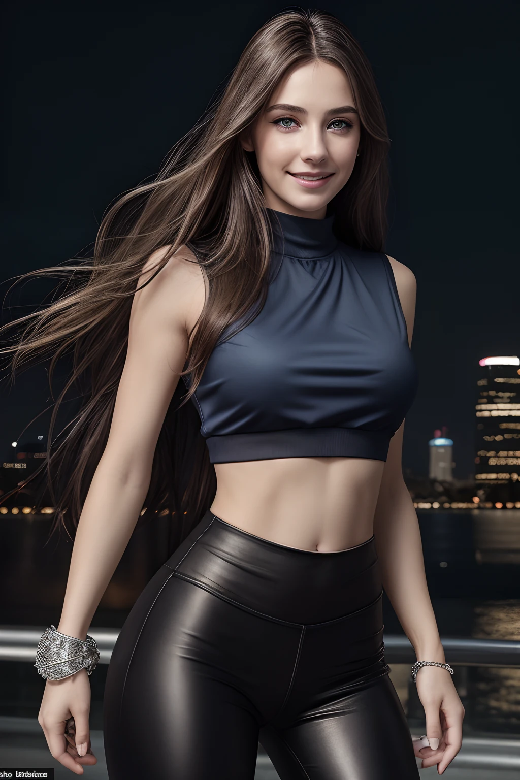 masterpiece, best quality, ultra-detailed),(1girl), blue eyes, long hair, brunette, dynamic angle, dynamic pose, natural lighting, floating, (sleeveless blue blouse:1.2|black top), (legging pants:1.2|leather pants:0.9), (silver bracelet:1.2|watch), (natural background:0.8| cityscape), (smiling:0.8| serious expression), (light in the hair), many drops of water:0.8
