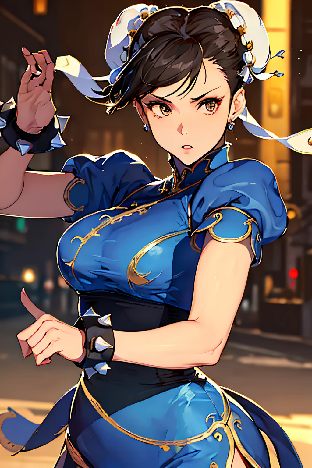 ((masterpiece,best qualtiy)),1girl,solo,ChunLi,upper body,beautiful night street background