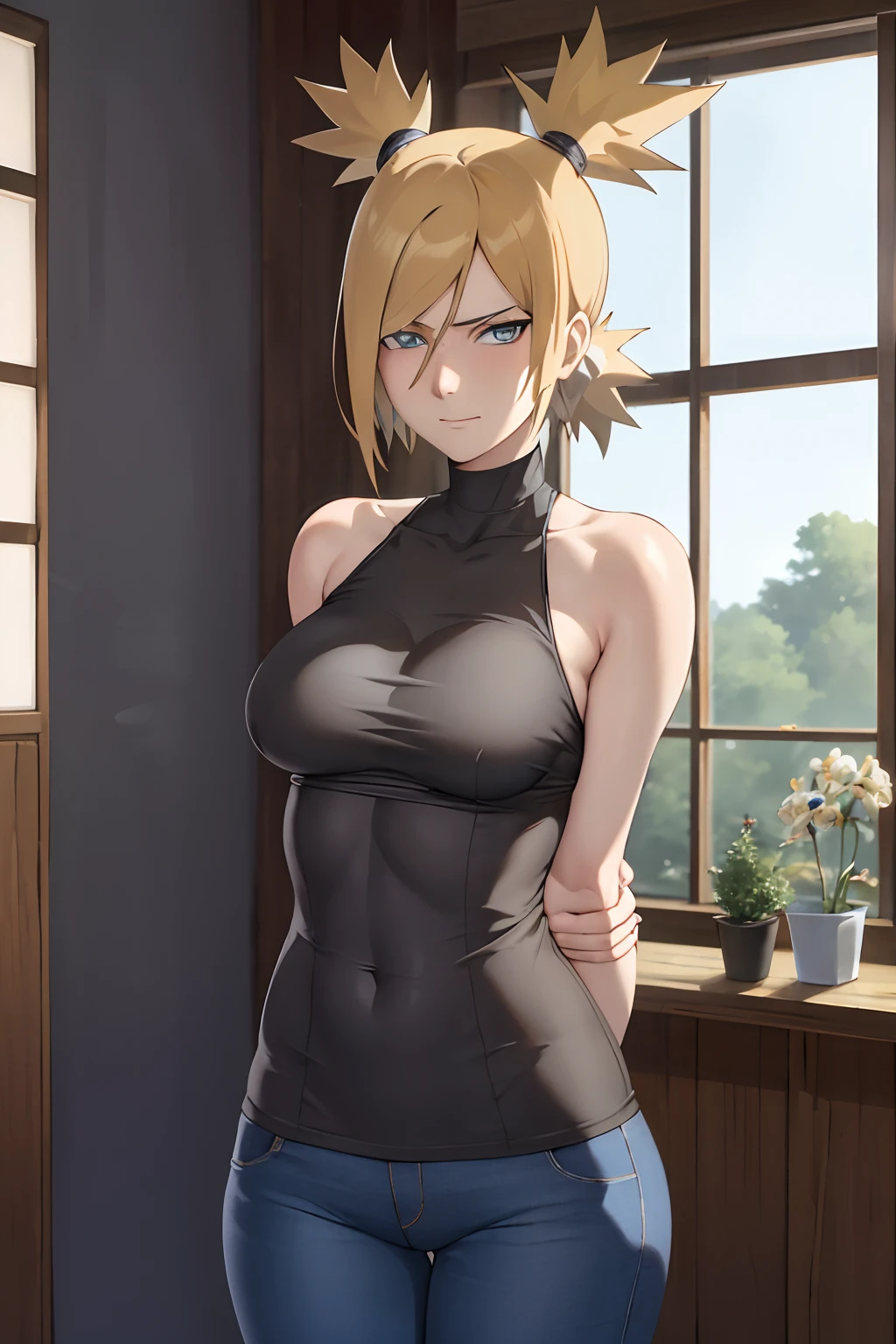 Meisterwerk , (Komplizierte Details), (bunt),Filmische Beleuchtung,bust shot,extrem detailliertes CG Unity 8k Wallpaper,Lehrplan\(Boruto\), 1girls, mid large breasts, reifes Weibchen,geschlossene Augen, , stehend, Armstütze, upper body,tanktop,skinny jeans, Spaltung, drinnen, Fenster, Sonnenlicht, show ,show breasts,half body,arms behind back,weiter Ausschnitt,