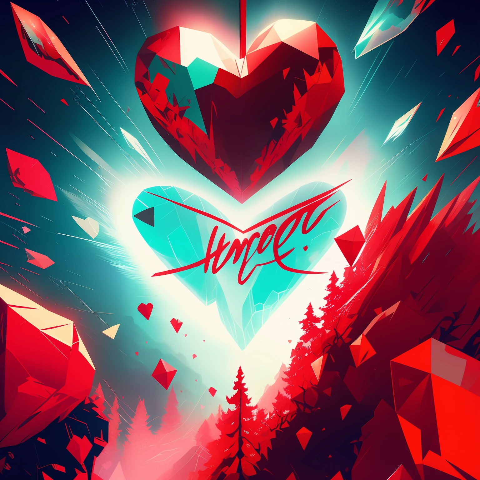 There is a heart-shaped diamond with the word love on it, Artgem e Beeple Masterpiece, Beeple e James Jean, No estilo de Cyril Rolando, inspirado em Cyril Rolando, papel de parede do pc, Arte Conceitual do Amor, arte estilizada muito coerente, Jen Bartel, No estilo Dan Mumford obra de arte, Directed by: Cyril Rolando, vermelho e ciano