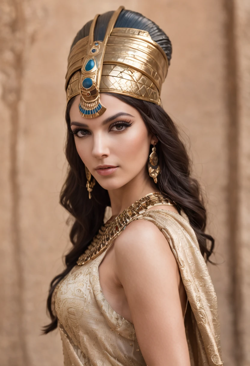 ((Best quality, 8k, Masterpiece :1.3)), ((cleopatra, beautiful cleopatra, egyptian princess, gorgeous woman, egyptian, gorgeous beautiful woman, perfect figure :1.2, Slender abs :1.2, tiny waist, (Dark brown hair, round breasts :1.1), wearing an egyptian crown, egyptian makeup,:1.3, very detailed clothes:1.2), sharp focus, (award-winning photograph:1.2),