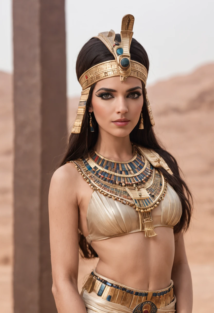((Best quality, 8k, Masterpiece :1.3)), ((cleopatra, beautiful cleopatra, egyptian princess, gorgeous woman, egyptian, gorgeous beautiful woman, perfect figure :1.2, Slender abs :1.2, tiny waist, (Dark brown hair, round breasts :1.1), wearing an egyptian crown, egyptian makeup,:1.3, very detailed clothes:1.2), sharp focus, (award-winning photograph:1.2),