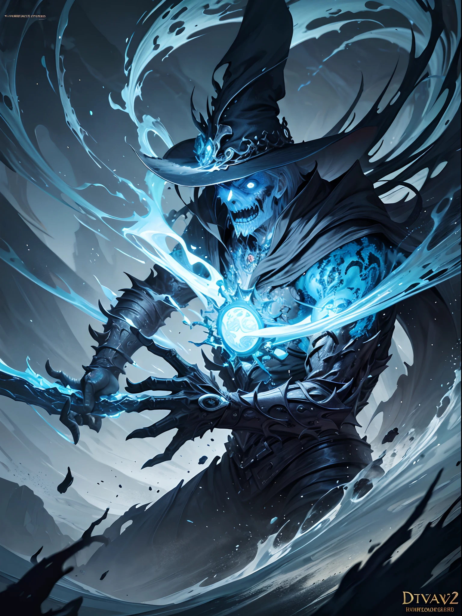 A undead wizard swinging with spell causing waves of destruction, highly detailed, fantasy world, clean design, artstation, contour, hyperdetailed intricately detailed, unreal engine, fantastical, intricate detail, splash screen, complementary colors, fantasy concept art, 8k resolution, deviantart masterpiece, oil painting, heavy strokes, paint dripping