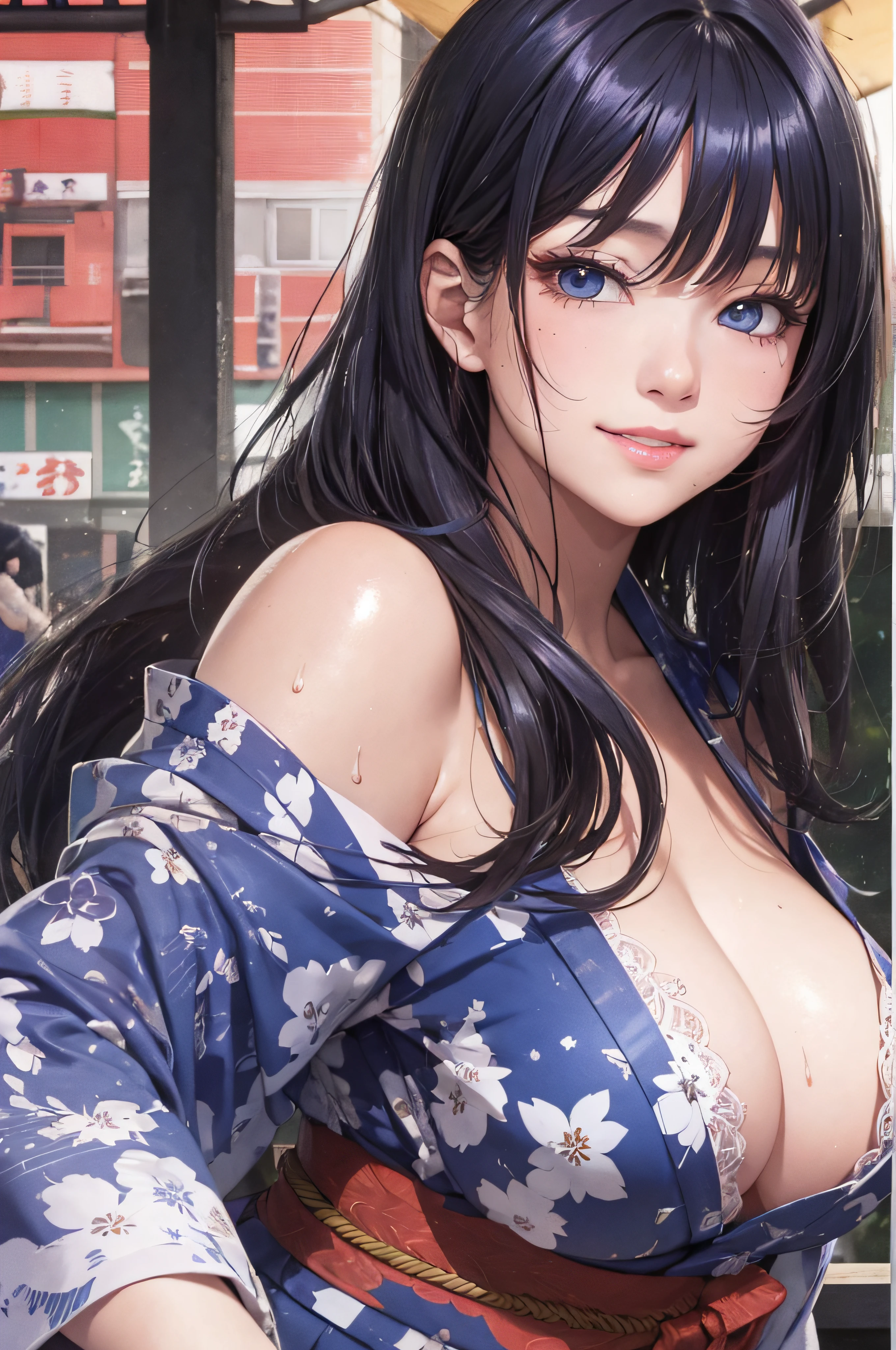 8K picture quality、top-quality、masutepiece、An ultra-high picture quality、ultra-detailliert、Ultra-realistic hair quality、Vibrant colors、Beautuful Women、Beautiful long hair、Shiny hair、detailed hairs、Blue Mesh、poneyTail、Blue eyes、shinny skin、Lace underwear、One mole on the chest、large pectoral muscles、Very gigantic-breasts、Sweat on the forehead and cheeks、extremely big ass、Fluffy off-shoulder yukata、A smile、soft pink lips、Ultra-realistic flesh feeling、Red cheeks、summer festival in background
