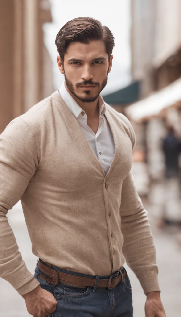 ((Mejor calidad, 8k, Obra maestra: 1.3)), foco nítido: 1.2, Un hombre afeminado con poca barba en su rostro con figura de mujer perfecta: 1.4, Abdominales delgados: 1.2, ((Brown Dark Hair, very tiny breasts: 1.2)), (Luz natural, calle de la ciudad: 1.1), Textura de cara y piel altamente detallada, Ojos detallados, 二重まぶた