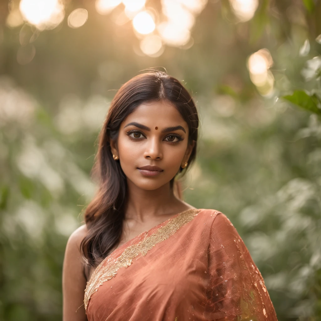 full body professional portrait photo of a beautiful sri lankan woman, clear and detailed face, nature background at sunset, backlighting, fashion photography, centered, symmetrical
