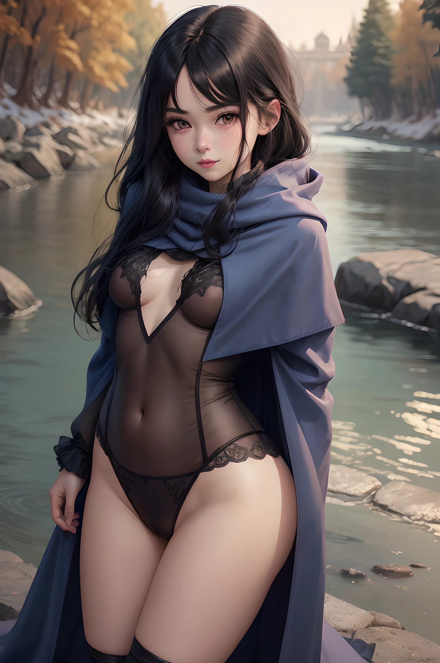 Anime girl lying and looking at the camera, A girl, Breasts are small, Small breasts are visible, Sexy clothes are on her, ssmile, beatiful face, Appearance of the model, blusher, Day, looking a viewer, Narrow waist, (tmasterpiece), ((Anime girl with long black hair and blue cloak posing by the river)), Looking Ahead, is looking at the camera, The girl stands in a sexy position, black stockings, (small curvy ), detailed digital anime art, beautiful anime girl, beautiful anime girl, Anime with small details, Best Quality, Masterpiece, Ultra-detailed, Beautiful, hight resolution, Original,CG 8K ультрареалистичный, perfect artwork, beatiful face, Face Clean, Skin, hyper realistic, Ultra Detailed, A detailed eye, dramatic lighting, (Realistic) Realistic, Full HD, Best Quality, Best Quality, Beautiful lighting, (8k wallpaper of extremely detailed CG unit), High Details, sharp-focus, The art of dramatic and photorealistic painting, Little Petite Girl, little chest, Magic, (SFW), ((NSFW)), Visible hypogastrium, Tight-fitting stockings, Small breasts for show, mouth ajar, endearing smile, Beautiful hands,