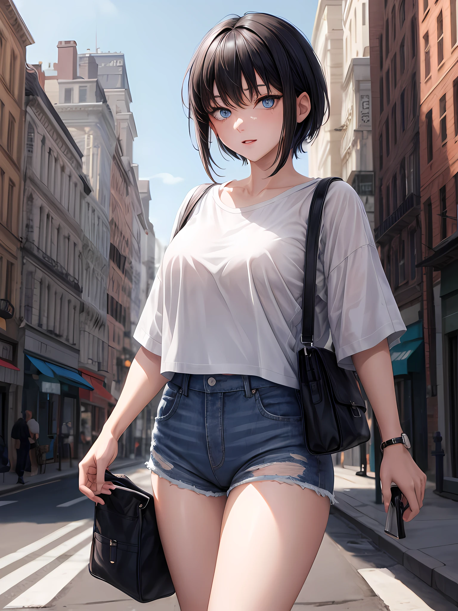 1girl, short black hair, blue eyes, wearing plain white shirt, denim shorts, city, absurdres, high res, ultrasharp, 8K, masterpiece, looking at viewer