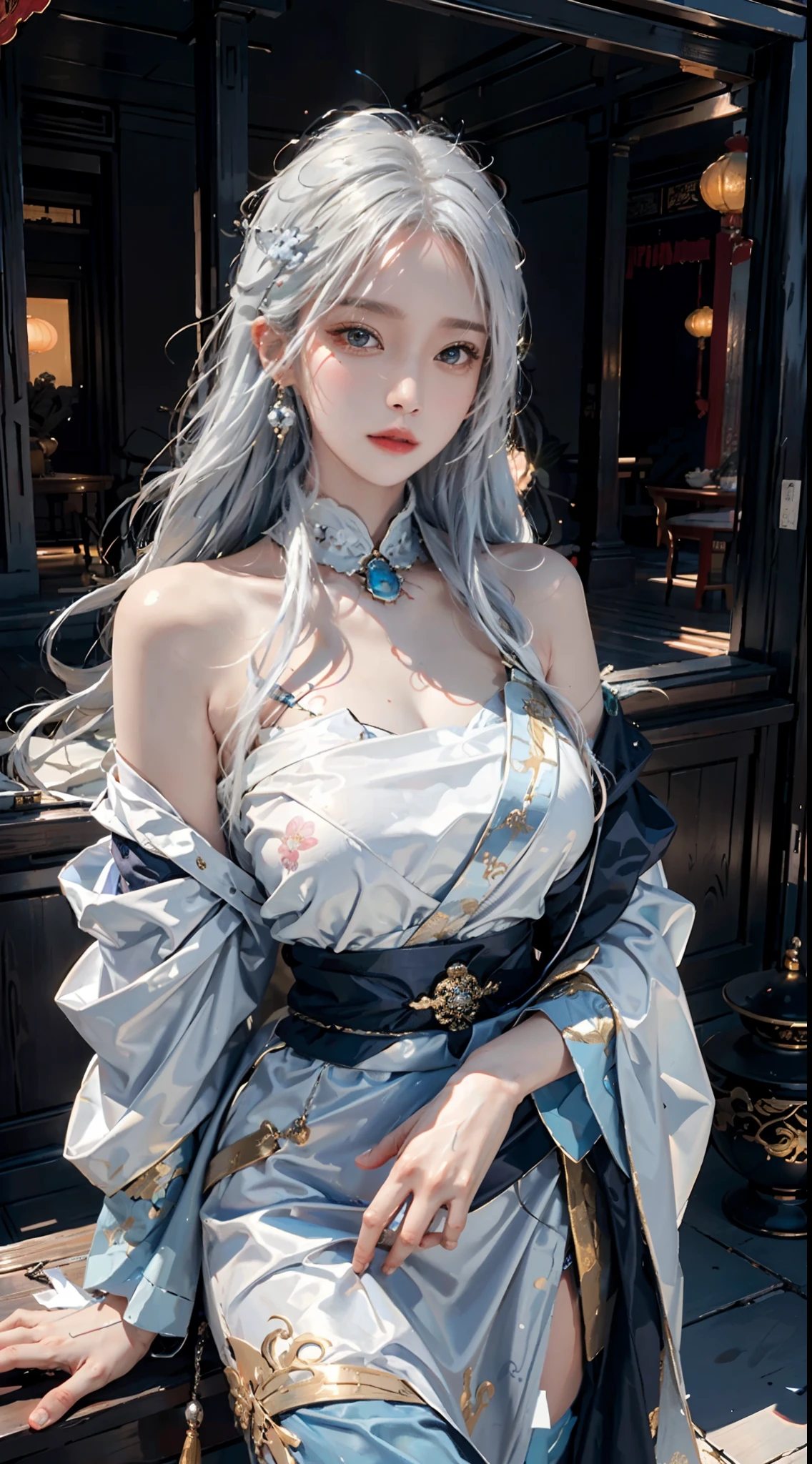 photorealistic, high resolution, soft light,1women, solo, hips up, shining skin, (detailed face), jewelry, tattoo, blue taoist clothes, white hair