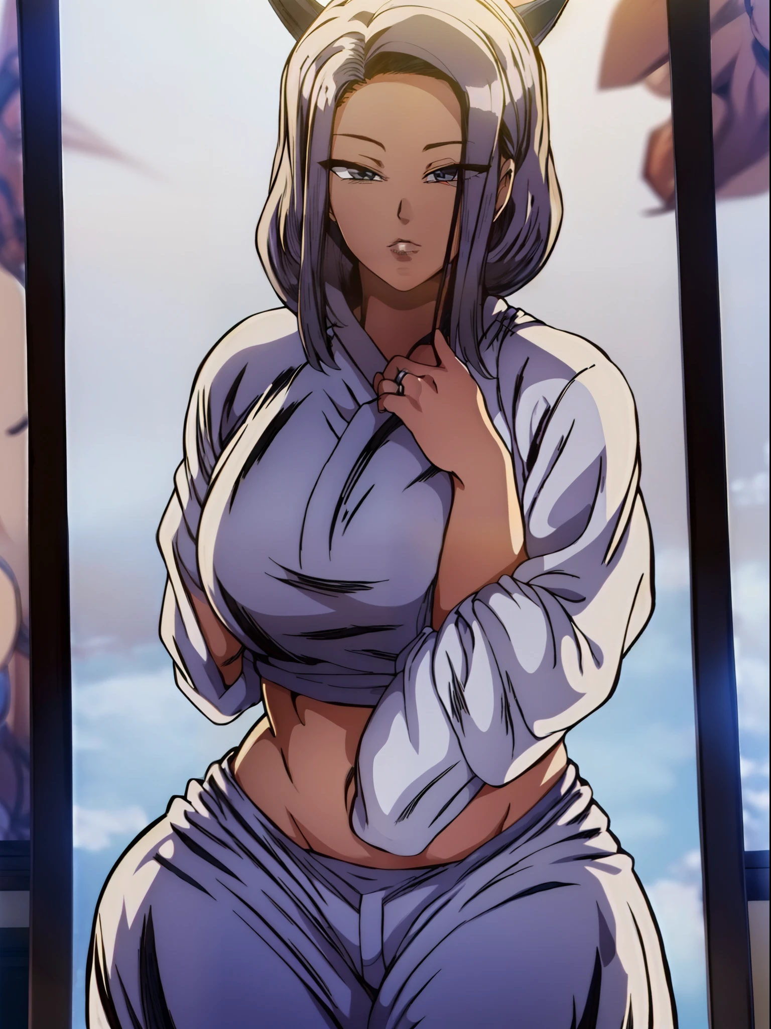Cabelo rabo de cavalo, cabelo platinado, mascara preta, munhequeira preta, cropped, Goku pants, botas estilizadas do goku, foco feminino, rosto bonito, bonita, cropped sem manga, cabelo curto, solo ((obra-prima))
