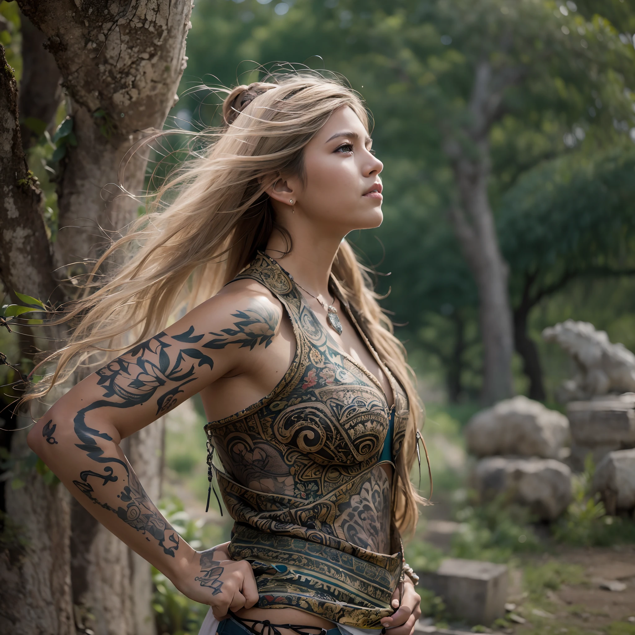 (obra maestra) (La mejor calidad) Un legendario y hermoso guerrero vikingo lleva un hacha impresionante y un gran escudo redondo. She is in an open-air temple in a clearing..............., Windy day. Ella es muy hermosa, algo musculoso, wearing runic tattoos all over his body. (((only one Women))) ((pechos grandes))