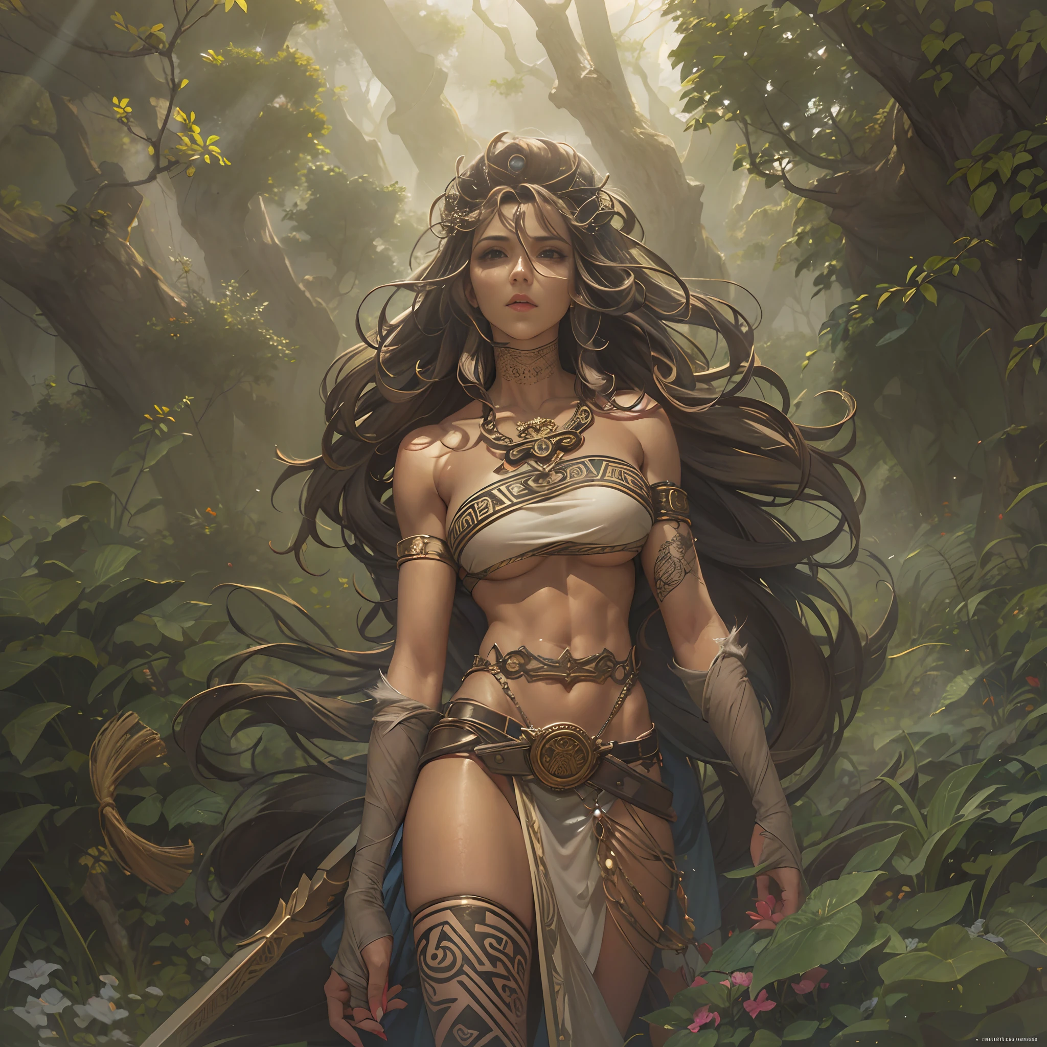 (obra maestra) (La mejor calidad) Un legendario y hermoso guerrero vikingo lleva un hacha impresionante y un gran escudo redondo. She is in an open-air temple in a clearing..............., Windy day. Ella es muy hermosa, algo musculoso, wearing runic tattoos all over his body. (((only one Women))) ((pechos grandes))