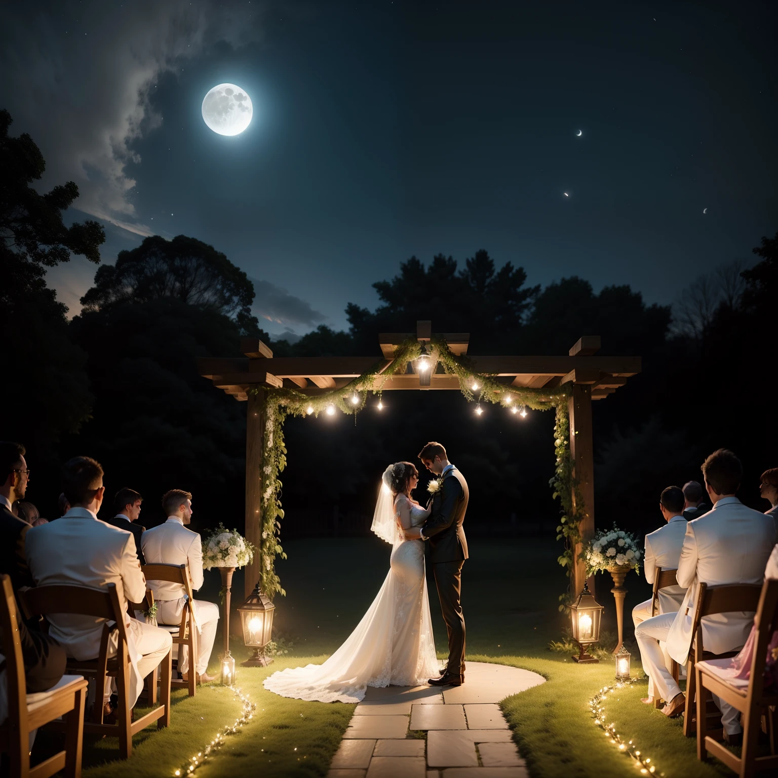 In a breathtaking night setting, a man in a classic black suit and a woman in a flowing white dress stand closely together, their foreheads gently touching. Behind them, a giant, radiant moon illuminates the sky, surrounded by a tapestry of stars and softly glowing clouds. The serene landscape and the couple's tender moment create a dreamlike atmosphere, highlighting their deep connection and the magic of the night.