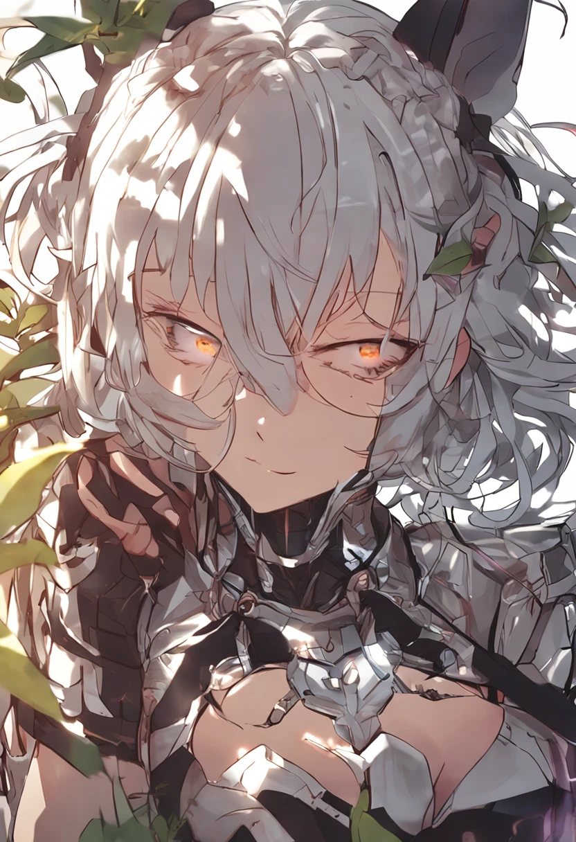 an unconscious girl laying on her back in a grassy field. She has a thong and a steel breastplate that fully covers her breasts but leaves her stomach exposed. She has thigh highs with armored knee pads and gloves that go to her elbows. She has long white hair and her tongue is sticking out with her eyes crossed. She has medium sized breasts. Her arms and legs are spread out drawn in anime artstyle.