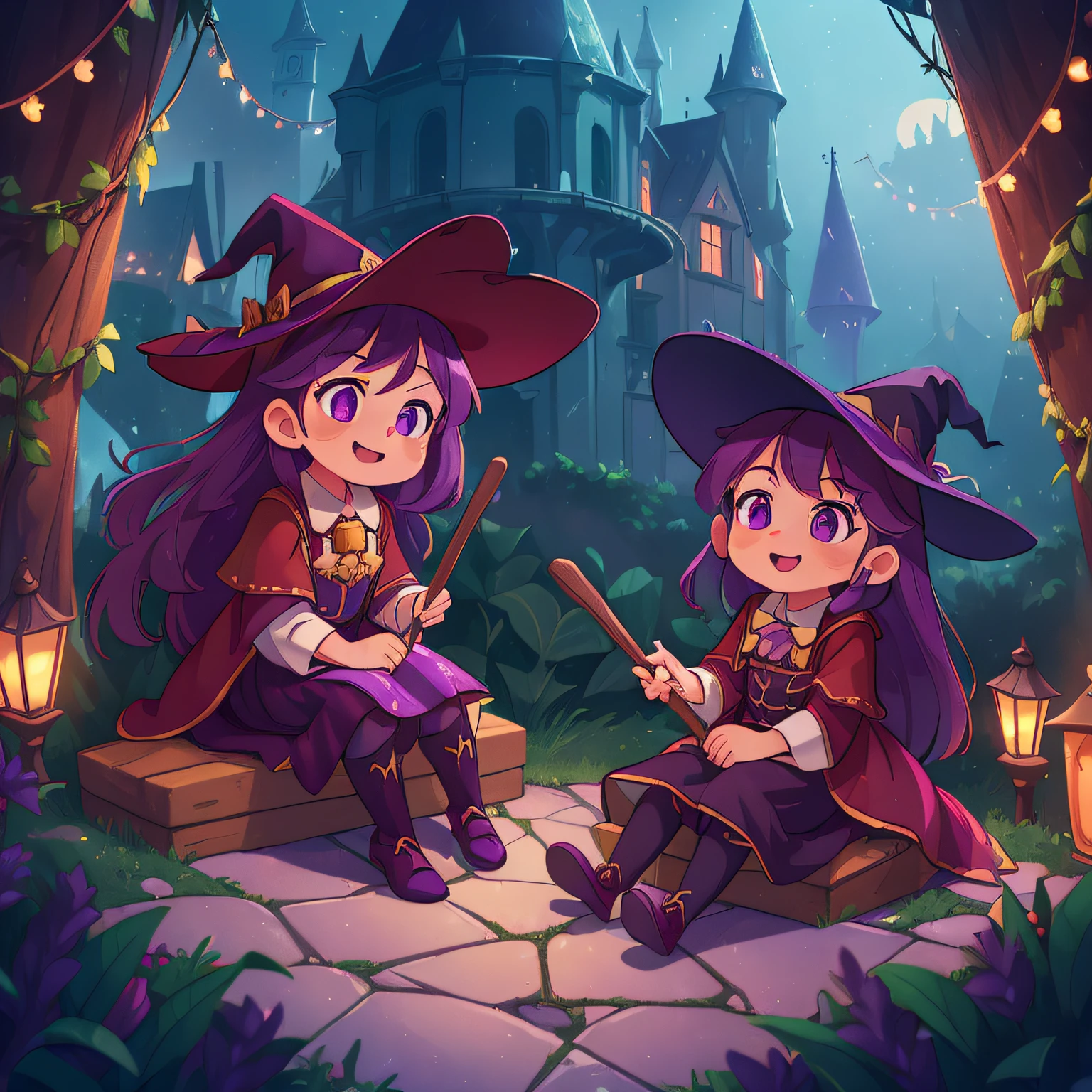 (best quality, high quality:1.3), CG, dramatic lighting, highly detailed, Bokeh, two little witches, their names are ruby ​​and ivy, animated looks, perfect face, long purple hair, looking mischievous, sitting on their broomsticks, flying riding their brooms across the city sky