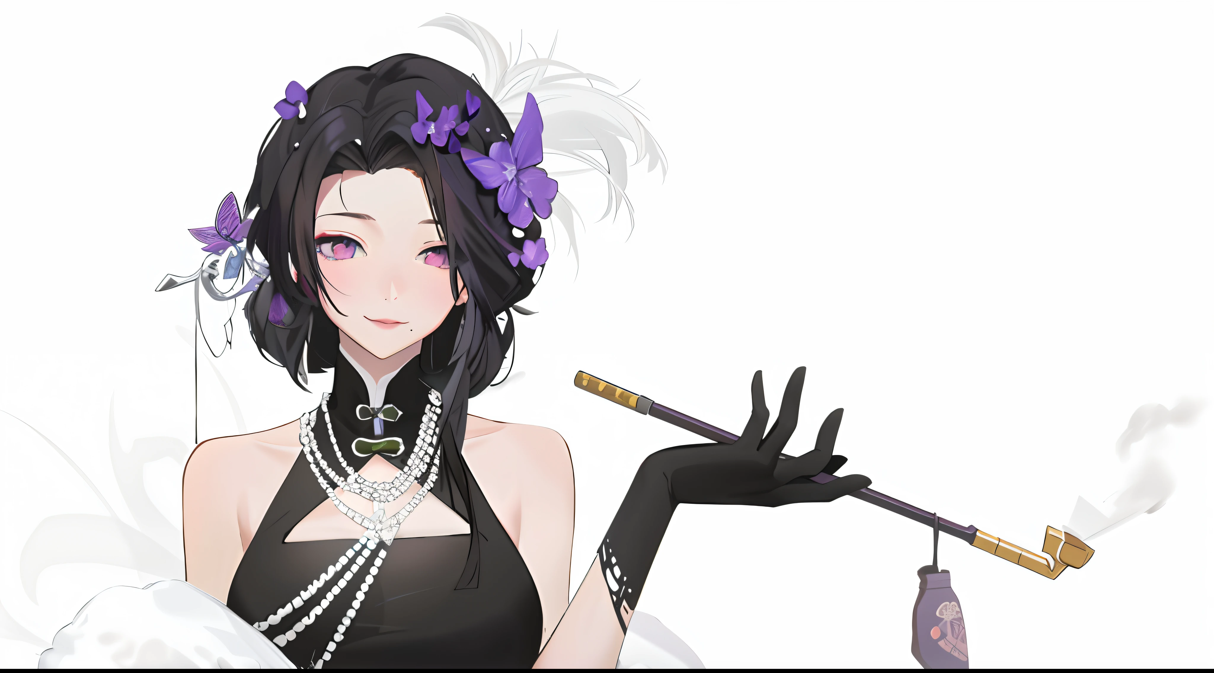 Anime girl with pipe and feather hat, Guviz-style artwork, from girls frontline, Detailed fanart, highly detailed exquisite fanart, digital art of an elegant, ((wearing aristocrat robe)), anime moe art style, royal elegant pose, black-haired mage, High Quality Anime Art Style, Anime girl wearing black dress