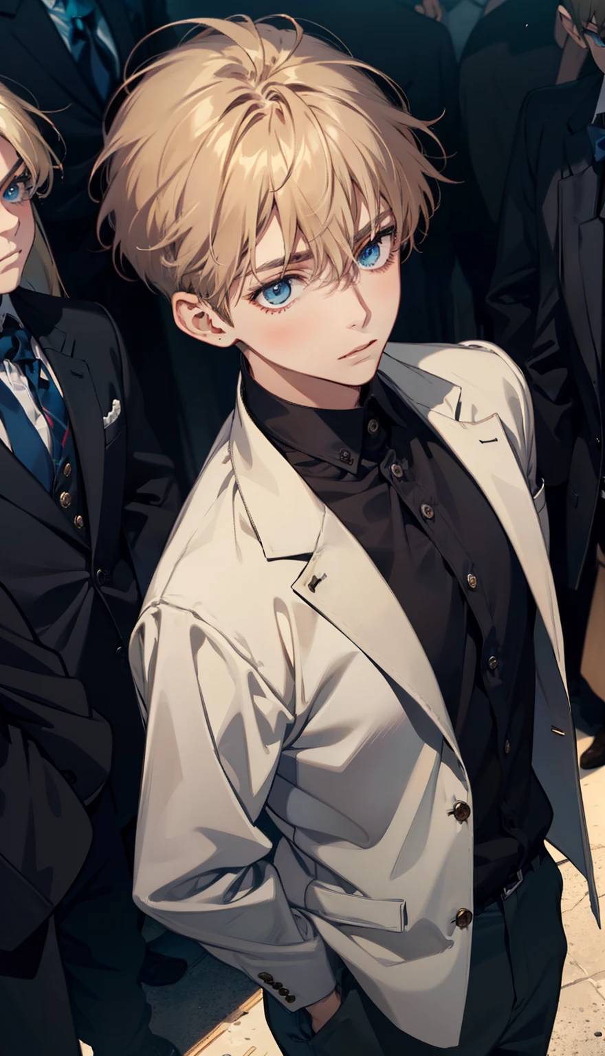 A boy standing in the middle with brown hair and blue eyes school clothes behind a boy with blond hair surrounded by darkness empty background